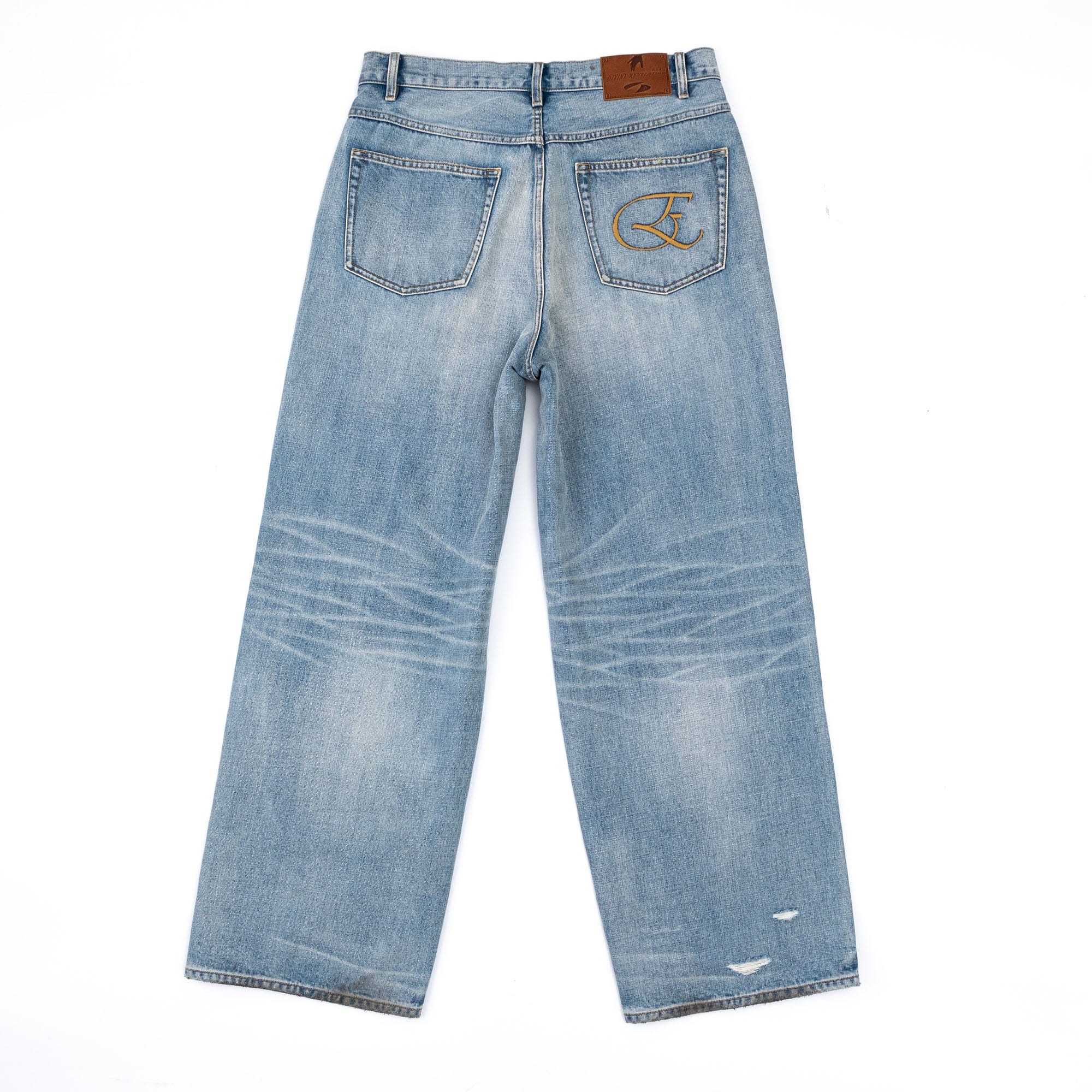 IN EXISTENCE Distressed Patchwork Creased Washed Wide-Leg Jeans, premium urban and streetwear designers apparel on PROJECTISR.com, IN EXISTENCE