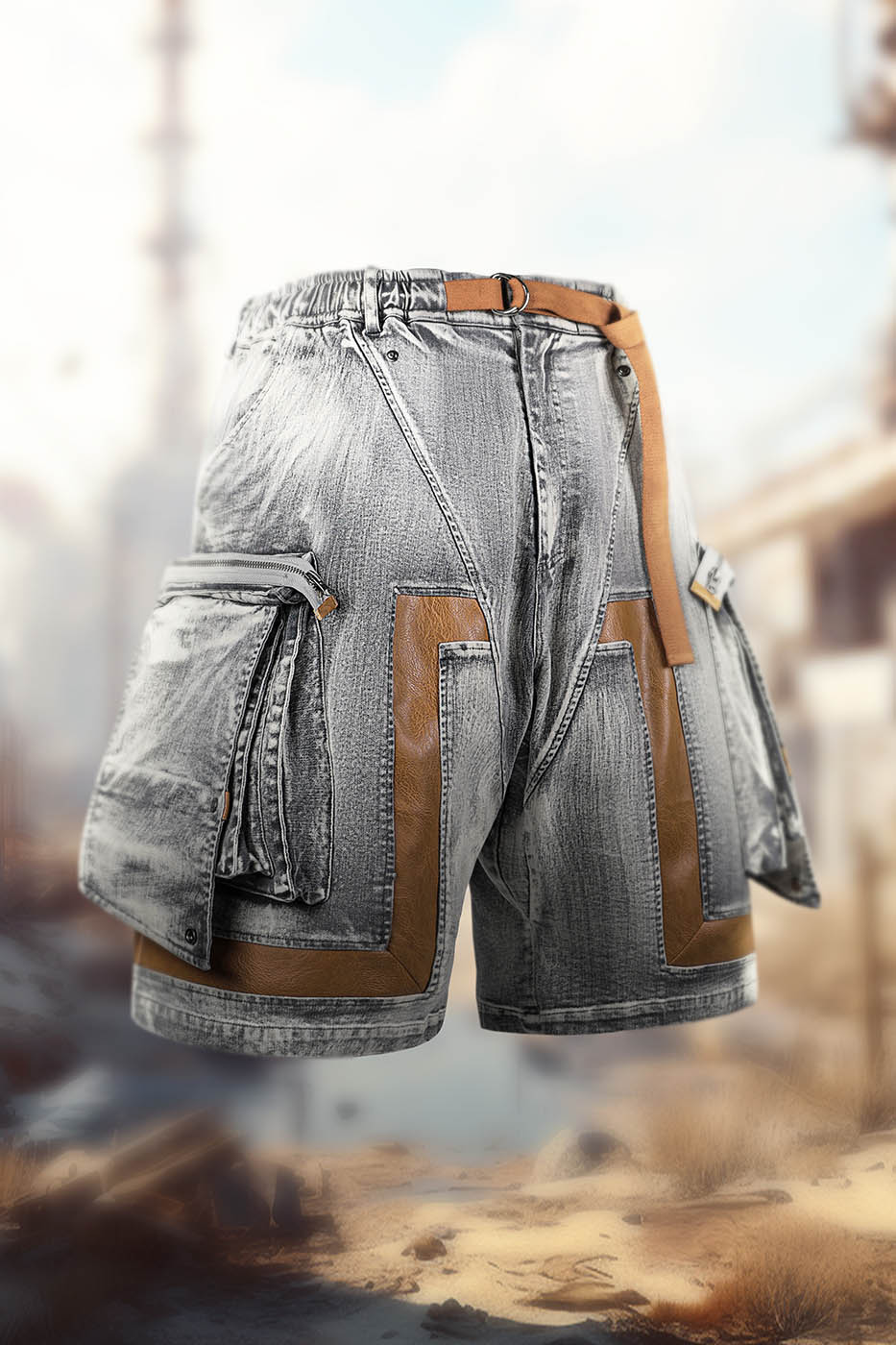 XIPHEVIL Distressed Multi-Pocket Spliced Shorts, premium urban and streetwear designers apparel on PROJECTISR.com, XIPHEVIL