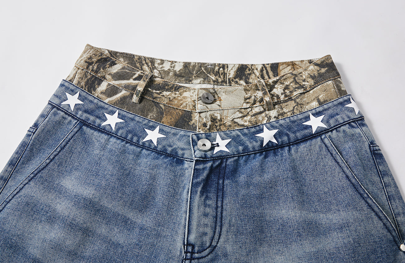 PASET Double Waist Camo Panel Distressed Jeans