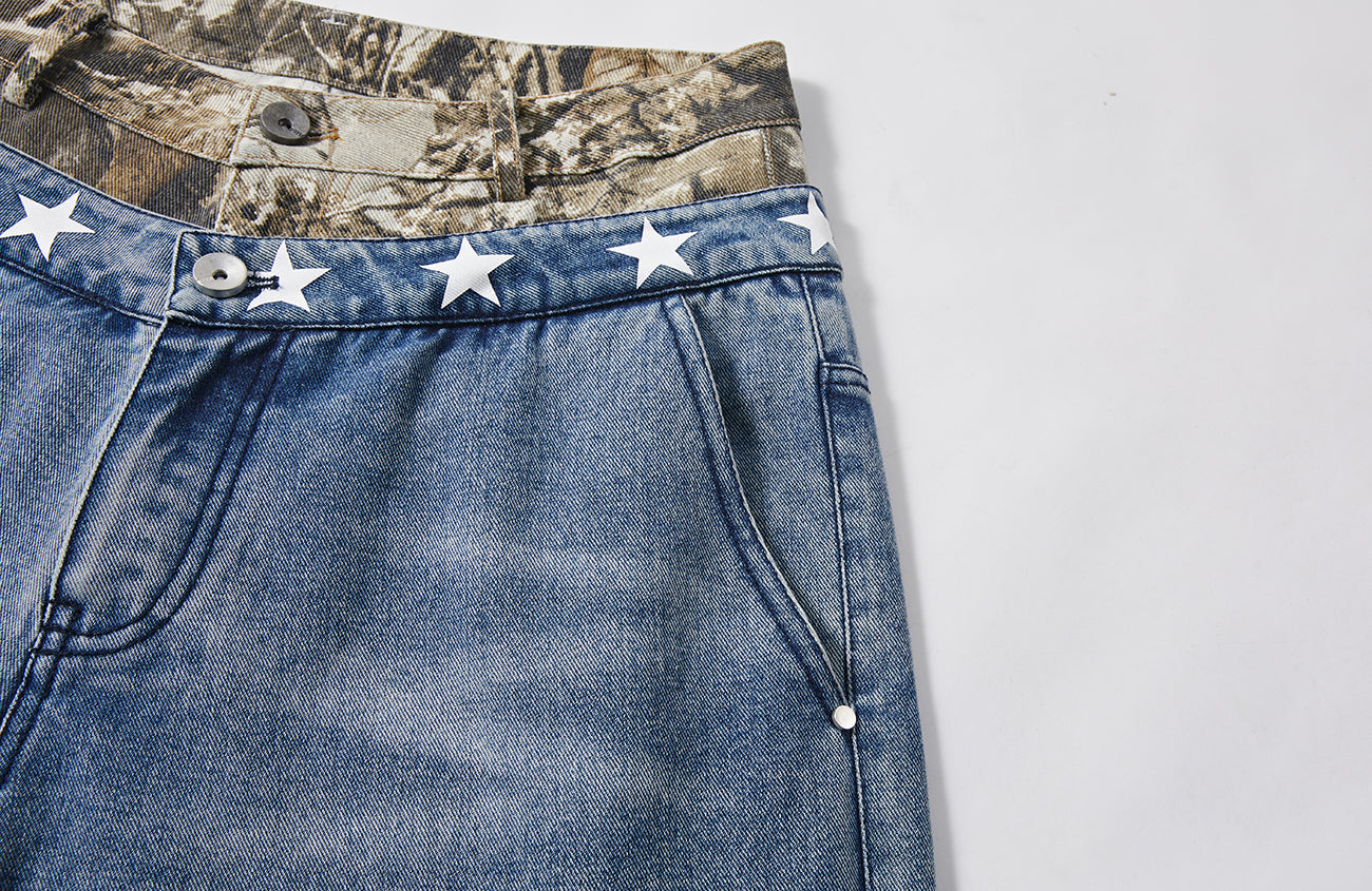 PASET Double Waist Camo Panel Distressed Jeans