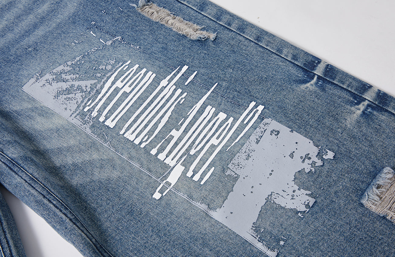 PASET Double Waist Camo Panel Distressed Jeans