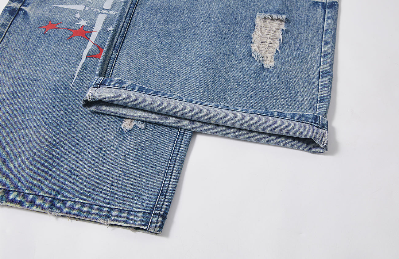 PASET Double Waist Camo Panel Distressed Jeans