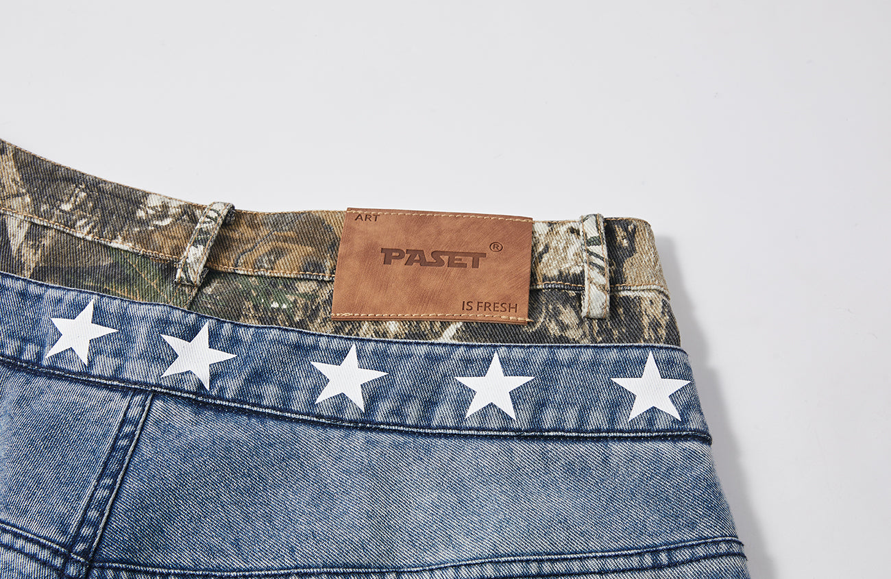 PASET Double Waist Camo Panel Distressed Jeans