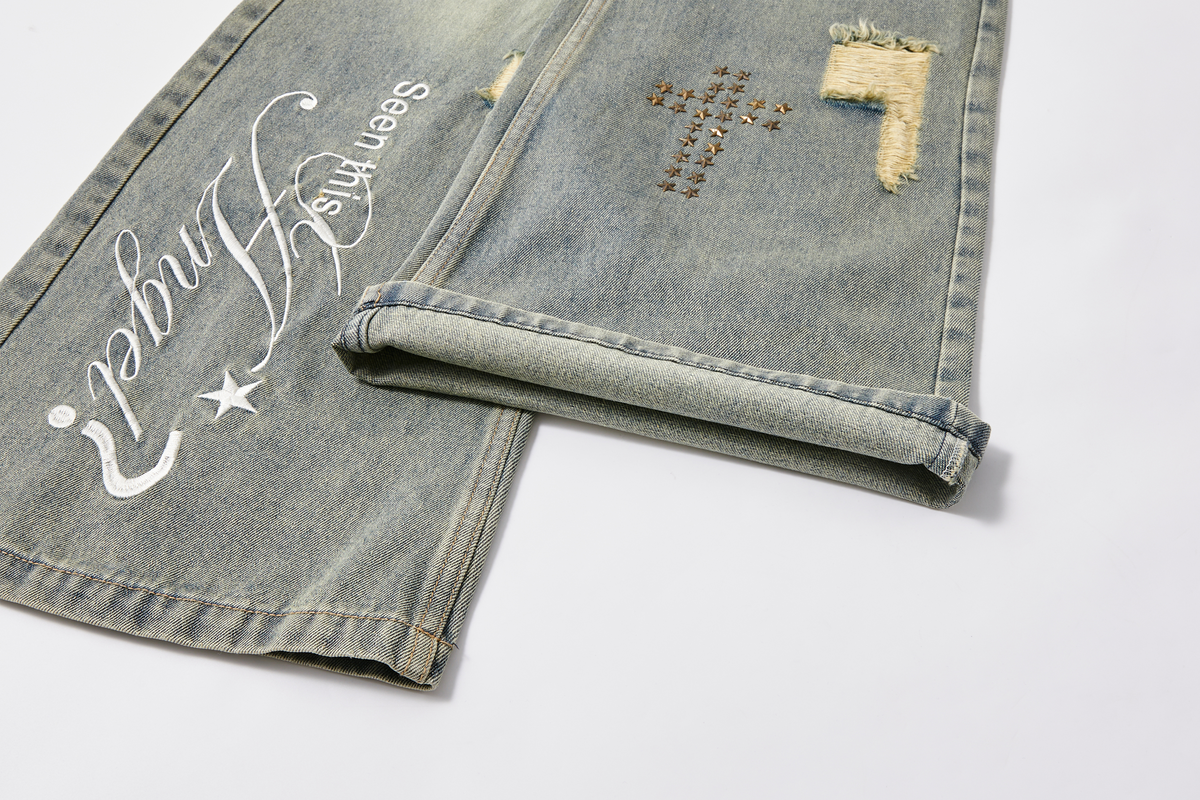 PASET Retro Washed Distressed Embroidered Jeans