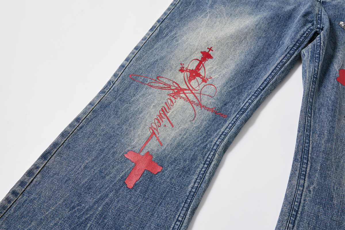 PASET Retro Washed Graphic Flared Jeans