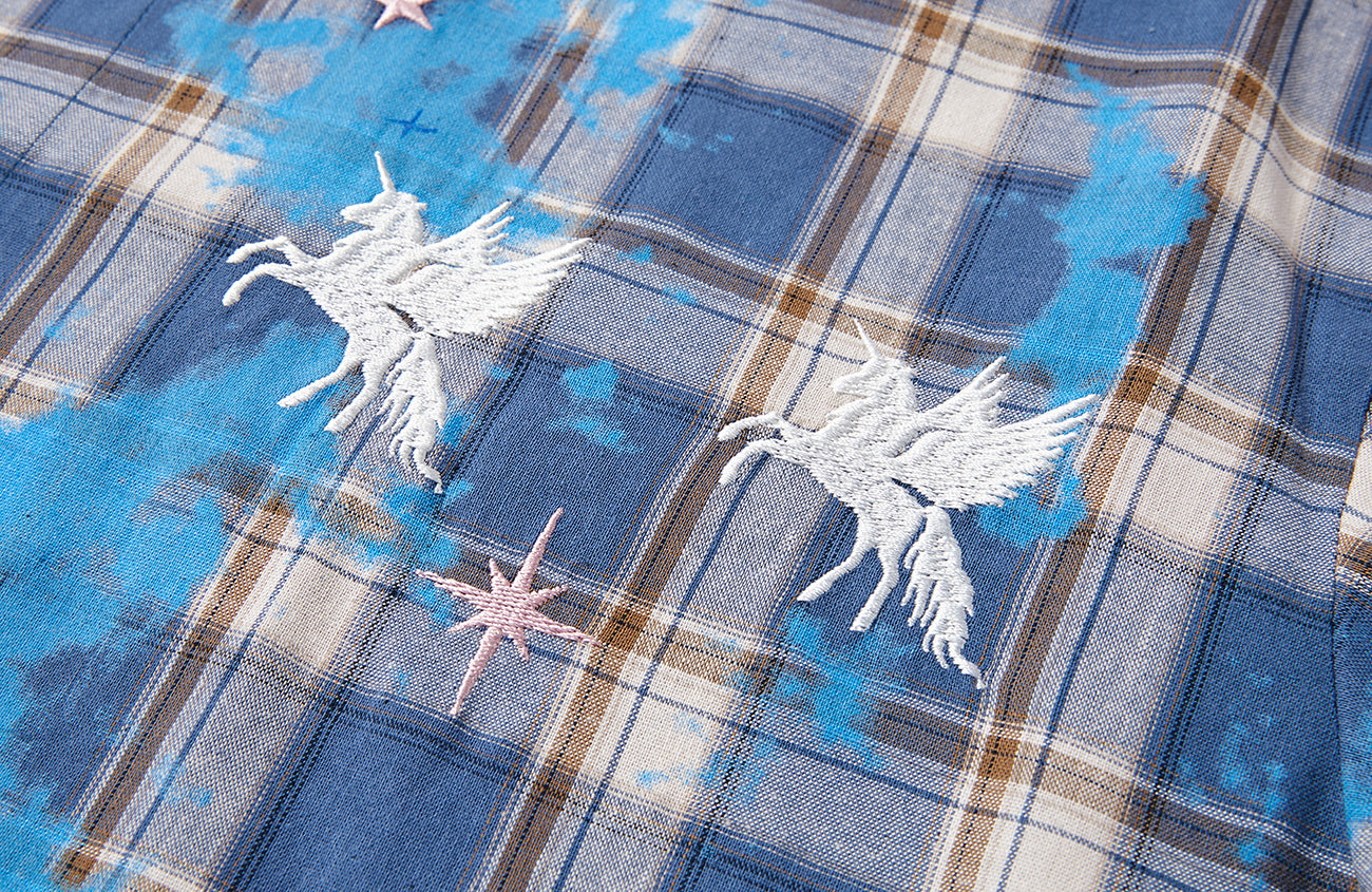 PASET Unicorn Embroidered Plaid Half Shirt