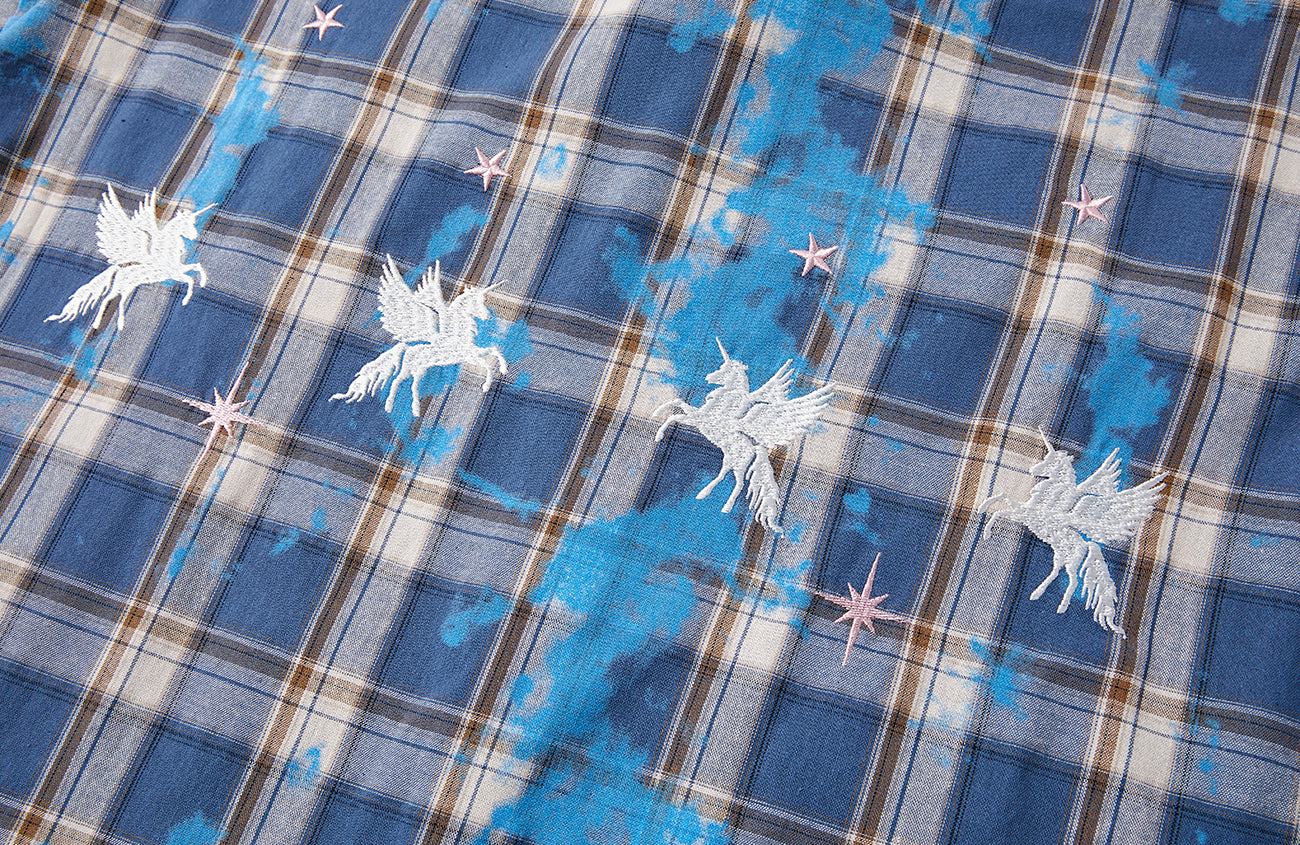 PASET Unicorn Embroidered Plaid Half Shirt