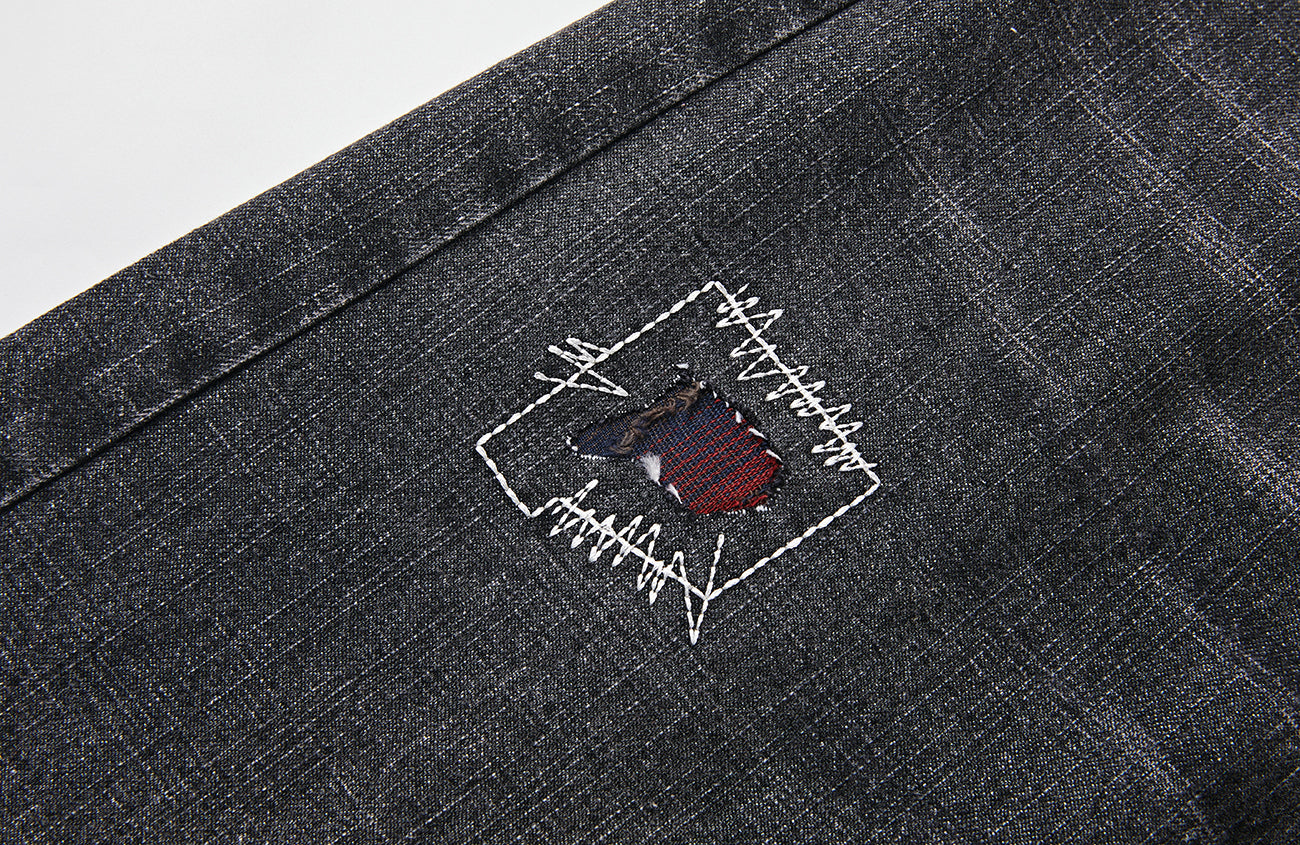 PASET Plaid Patch Distressed Back Buckle Jeans