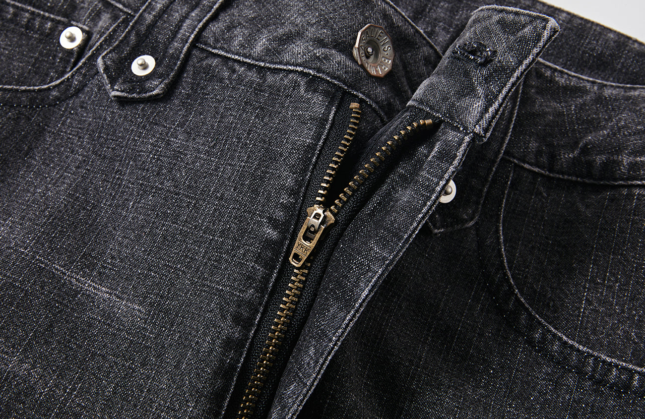 PASET Plaid Patch Distressed Back Buckle Jeans