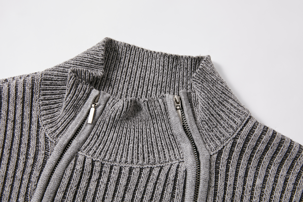 KREATE Double-Zip Ribbed Knit Stand-Collar Cardigan