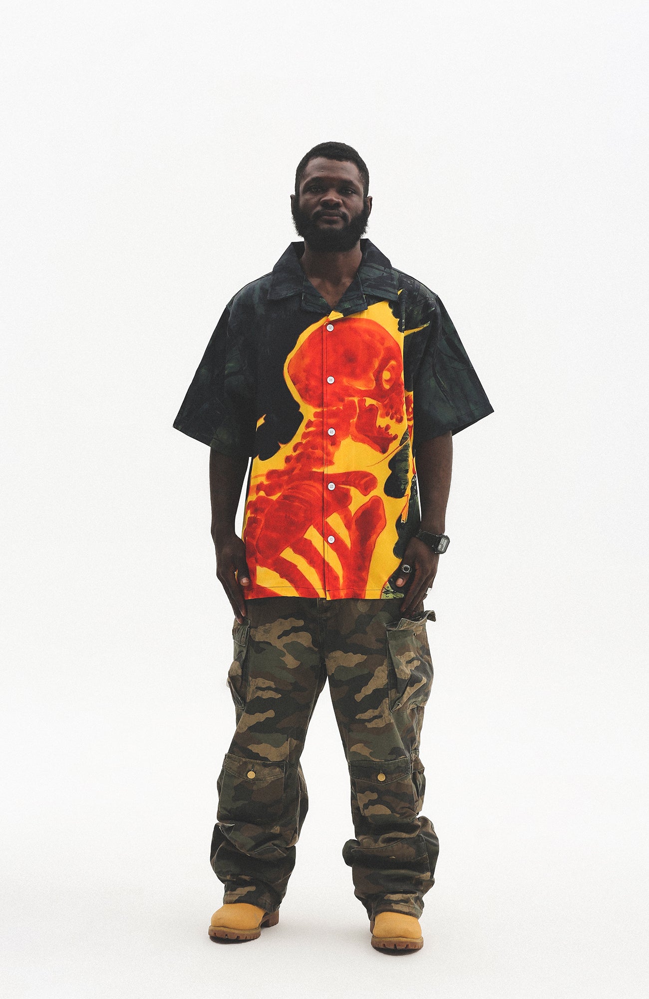 UNTILWERICH Flame Skeleton Graphic Half Shirt