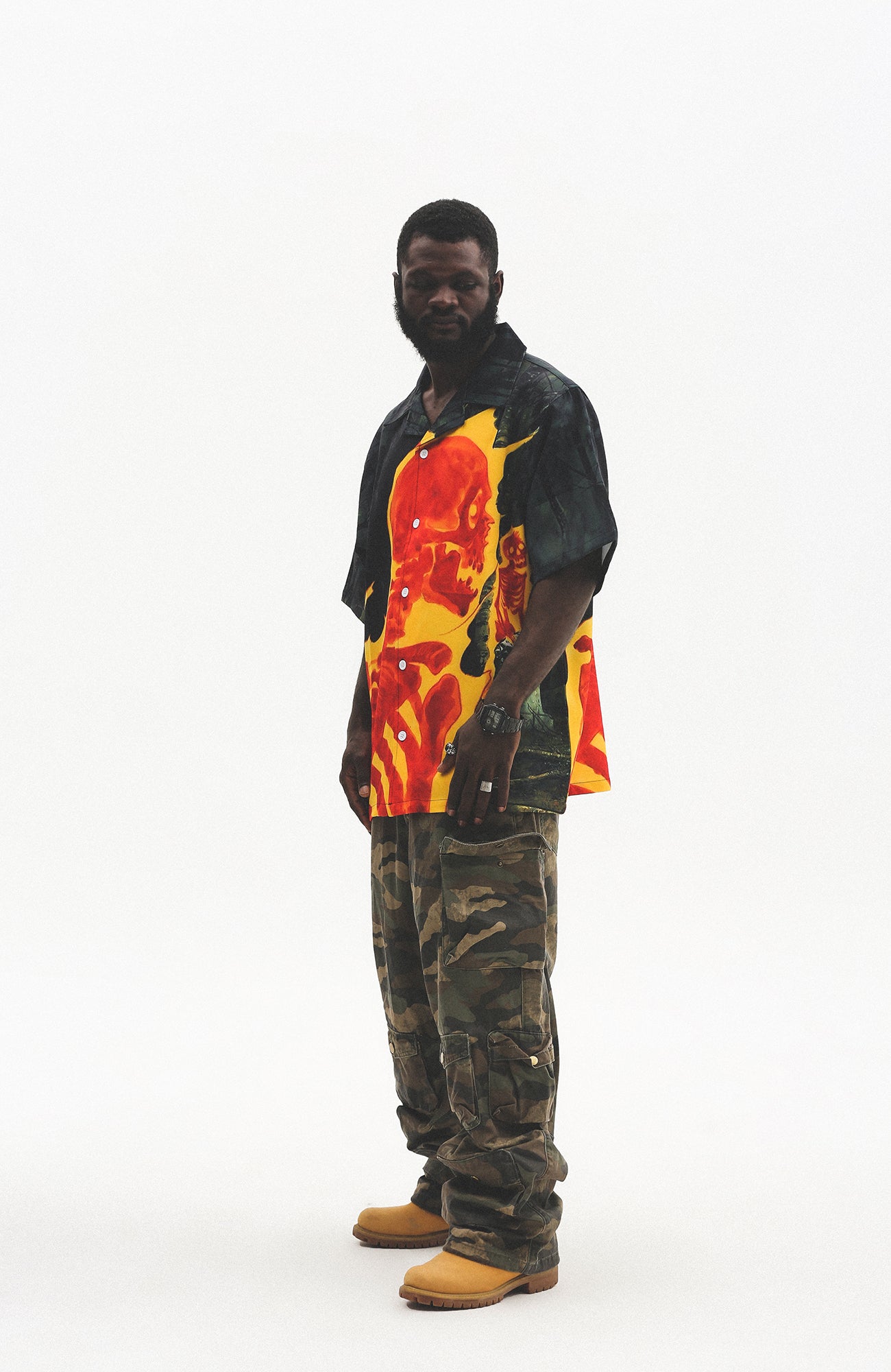 UNTILWERICH Flame Skeleton Graphic Half Shirt