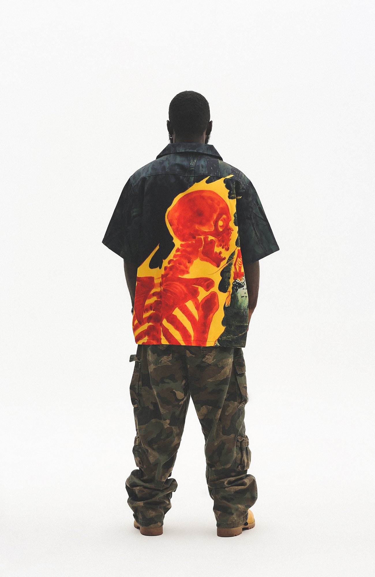 UNTILWERICH Flame Skeleton Graphic Half Shirt
