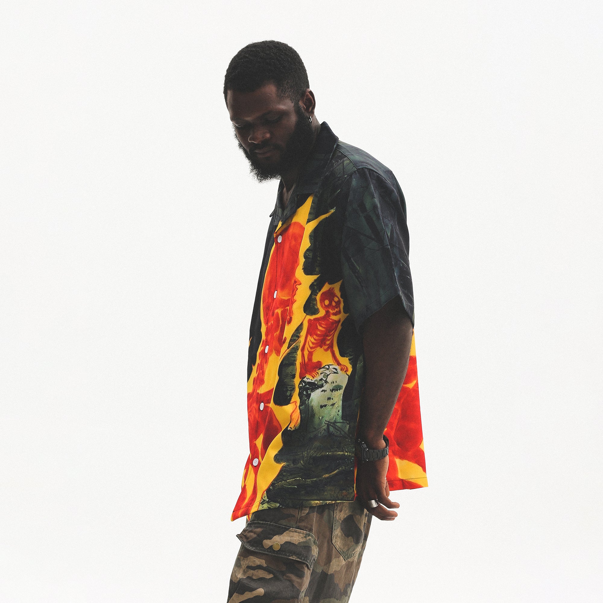 UNTILWERICH Flame Skeleton Graphic Half Shirt