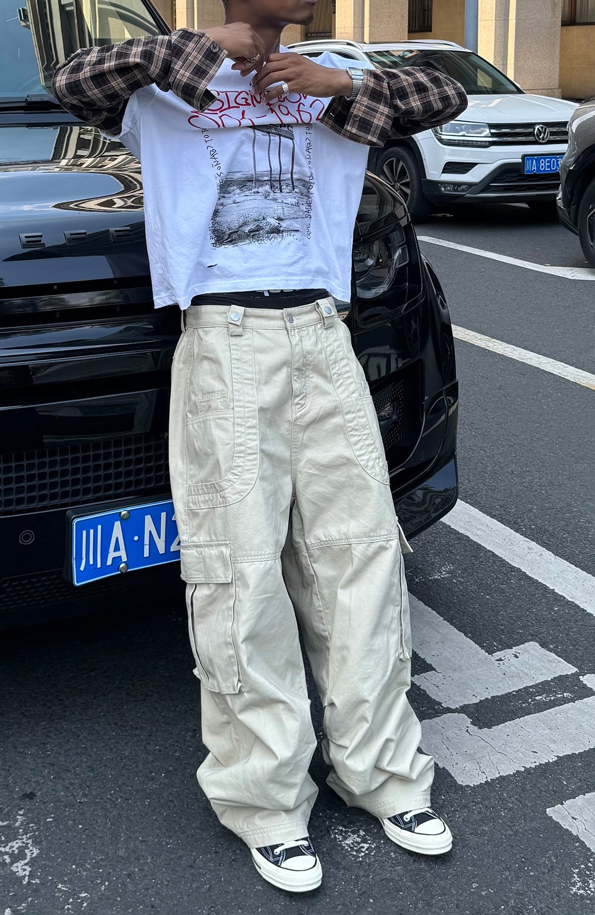 STEEPC Hinge-Frame Multi-Pocket Wide-Leg Cargo Pants