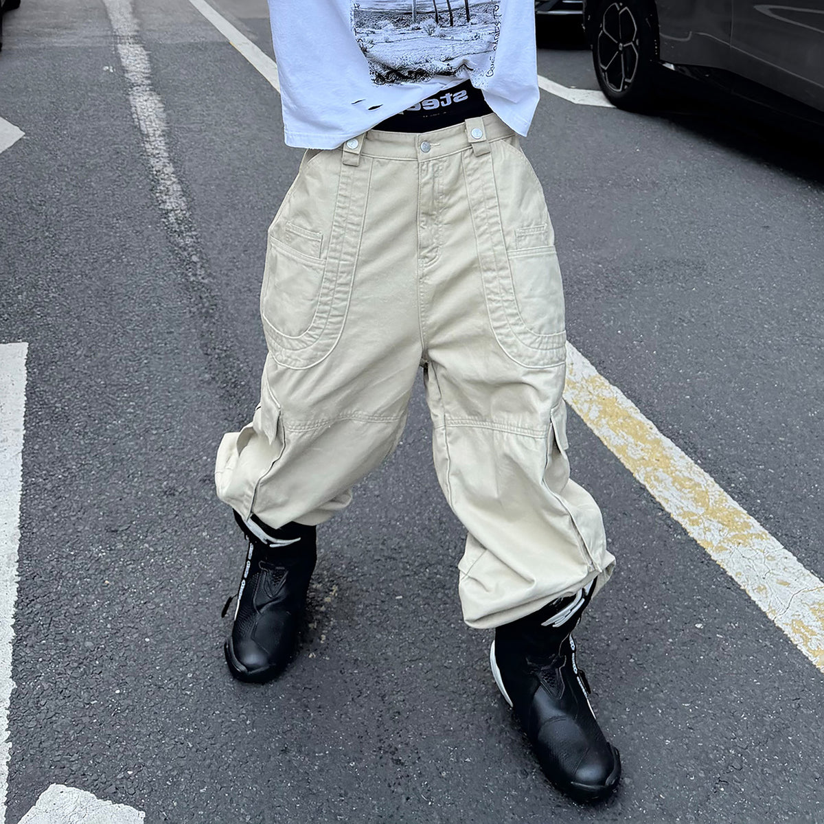 STEEPC Hinge-Frame Multi-Pocket Wide-Leg Cargo Pants