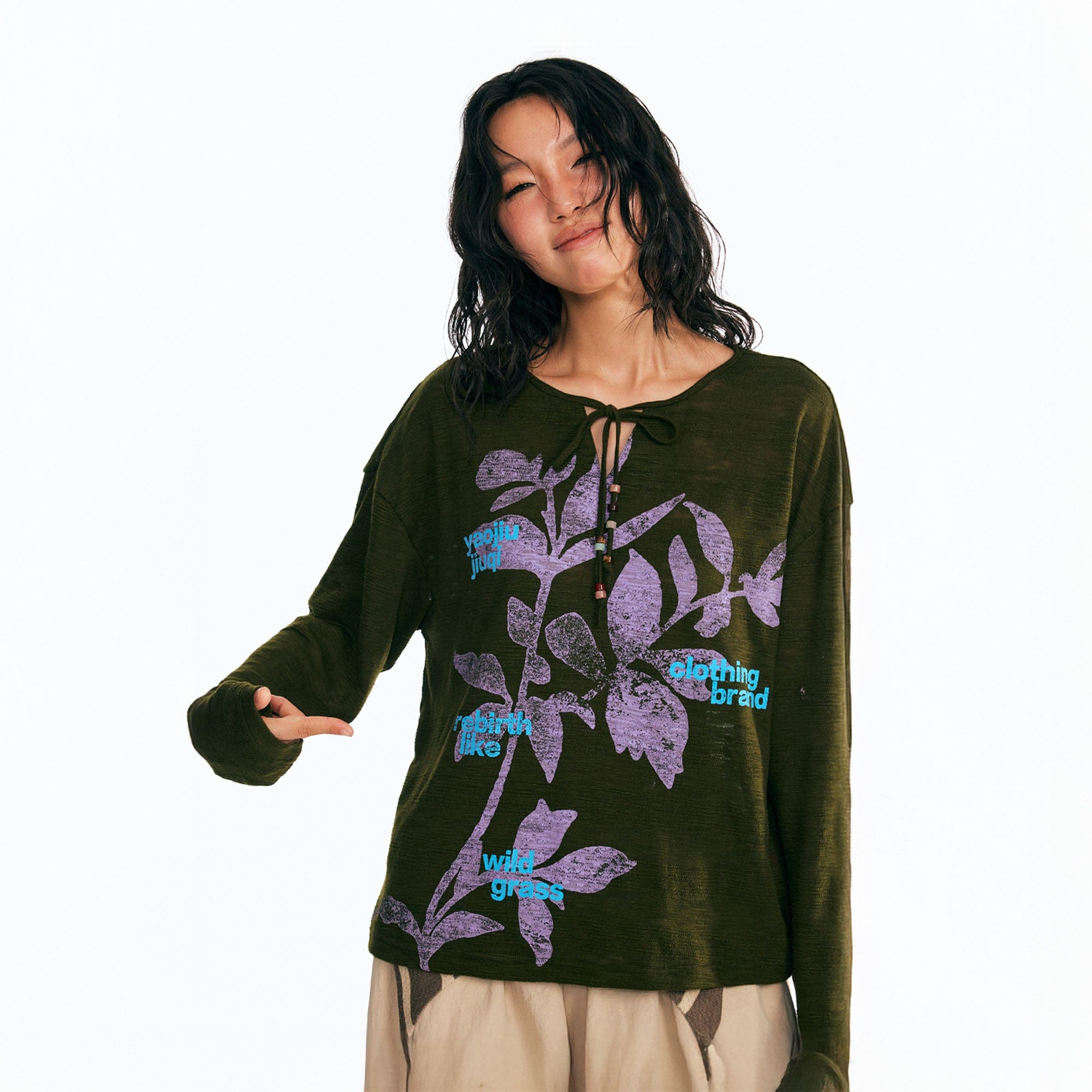 1997 POSTOFFICE Sesame Leaves Drawstring Neck Long-Sleeve Tee, premium urban and streetwear designers apparel on PROJECTISR.com, 1997 POSTOFFICE
