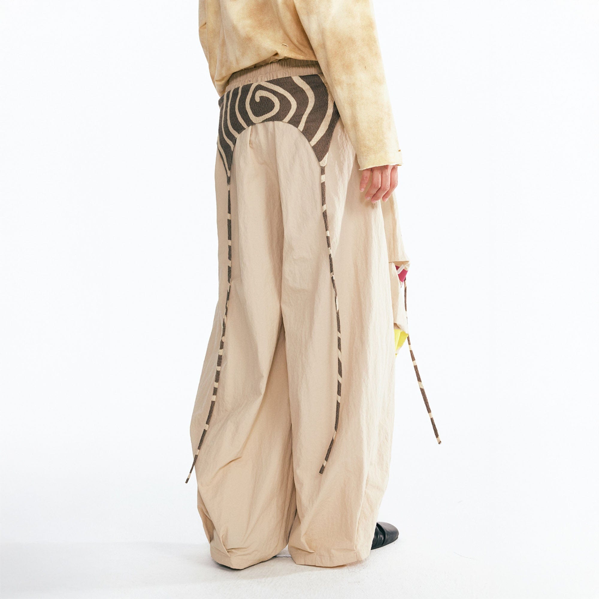 1997 POSTOFFICE Tribal Spiral Waist-Panel Parachute Pants, premium urban and streetwear designers apparel on PROJECTISR.com, 1997 POSTOFFICE