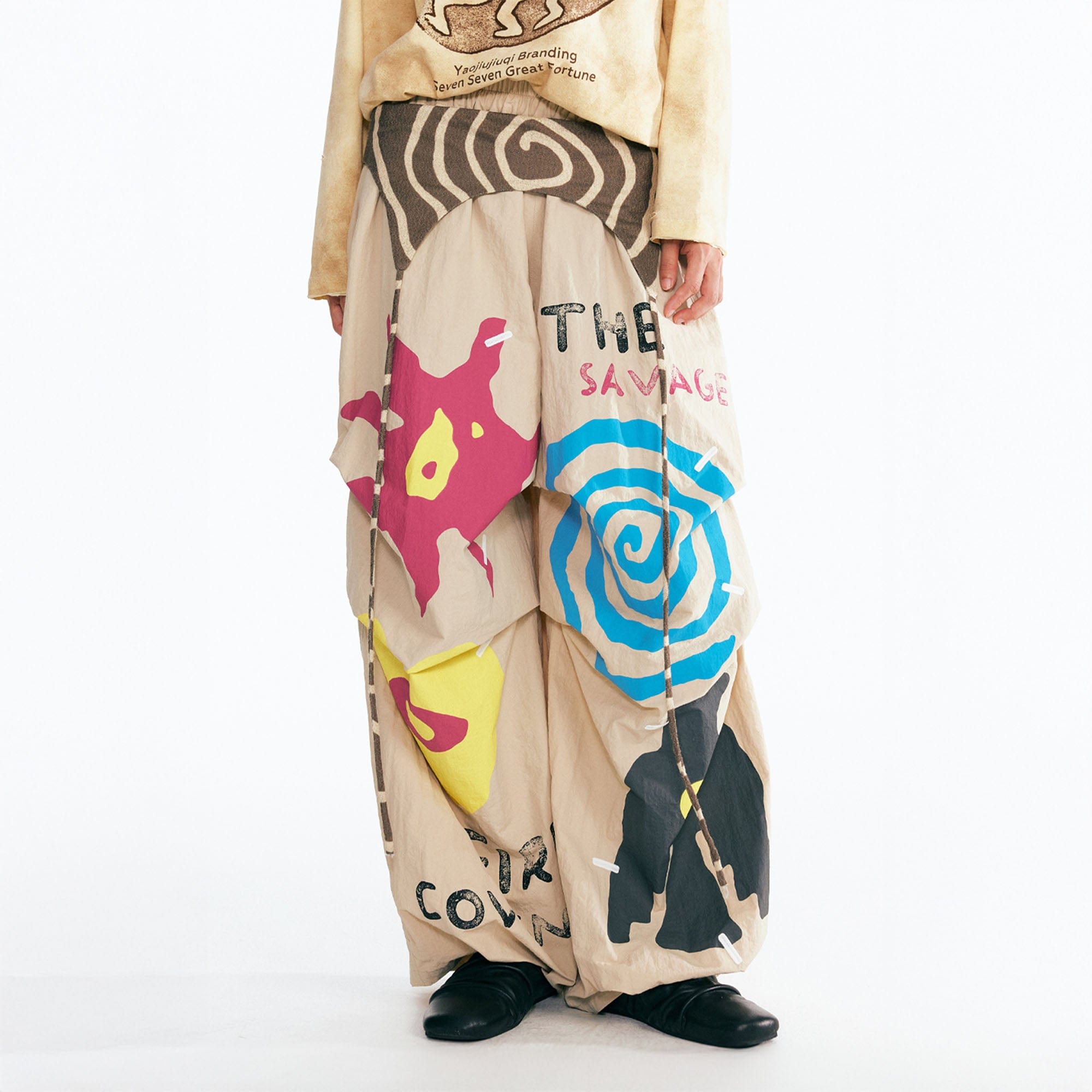 1997 POSTOFFICE Tribal Spiral Waist-Panel Parachute Pants, premium urban and streetwear designers apparel on PROJECTISR.com, 1997 POSTOFFICE