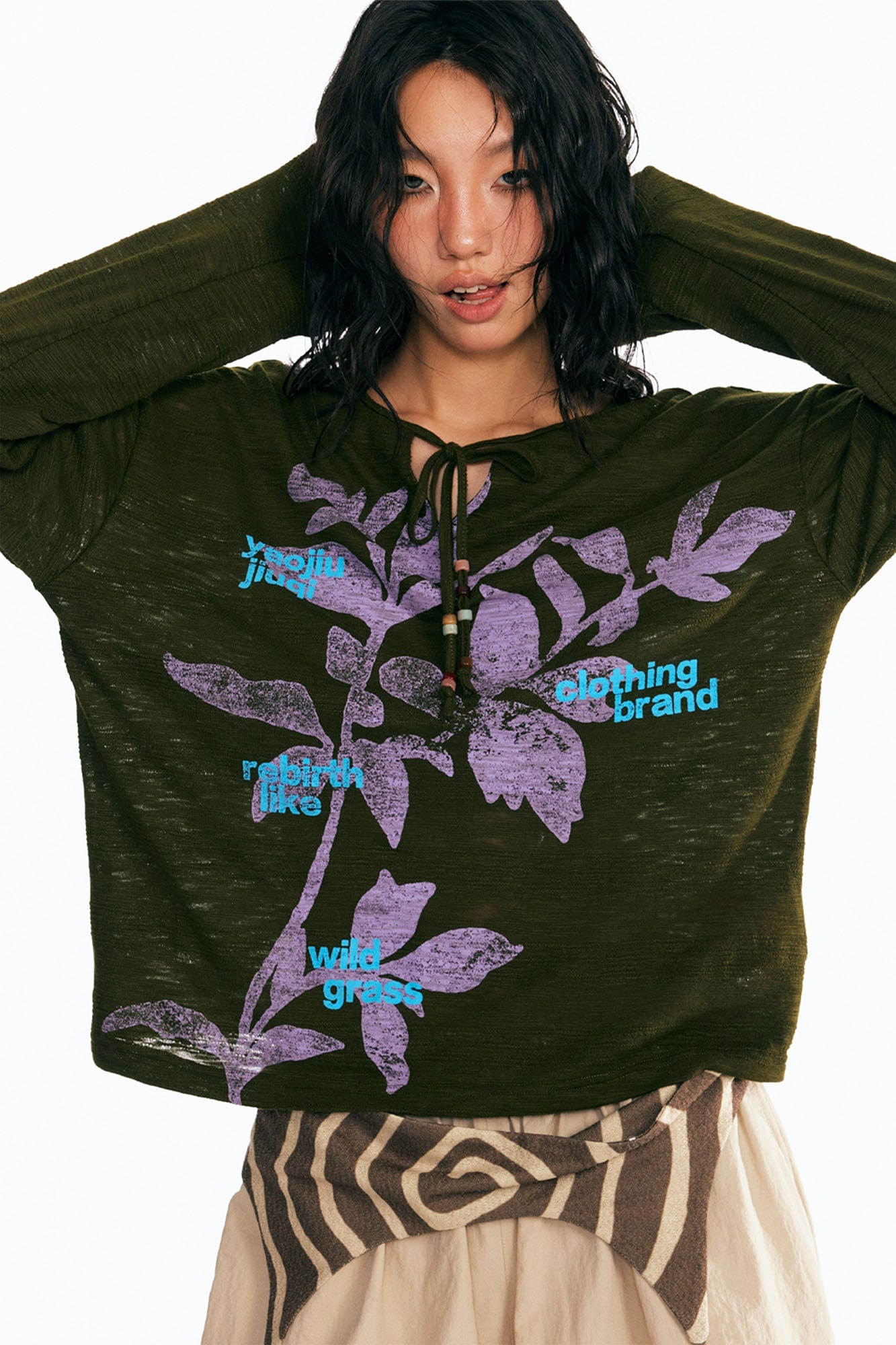 1997 POSTOFFICE Sesame Leaves Drawstring Neck Long-Sleeve Tee, premium urban and streetwear designers apparel on PROJECTISR.com, 1997 POSTOFFICE