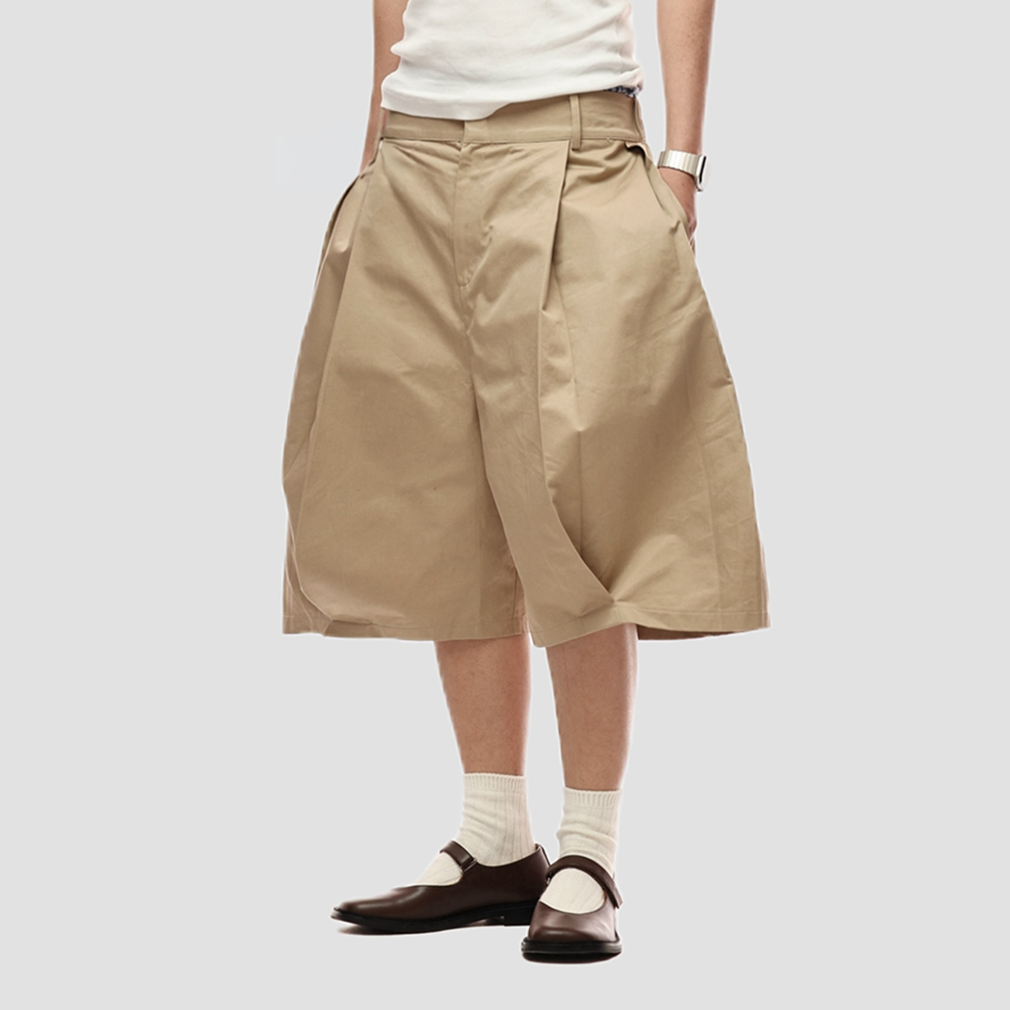 6CRAYON Retro Double-Pleat Wide-Leg Shorts Khaki