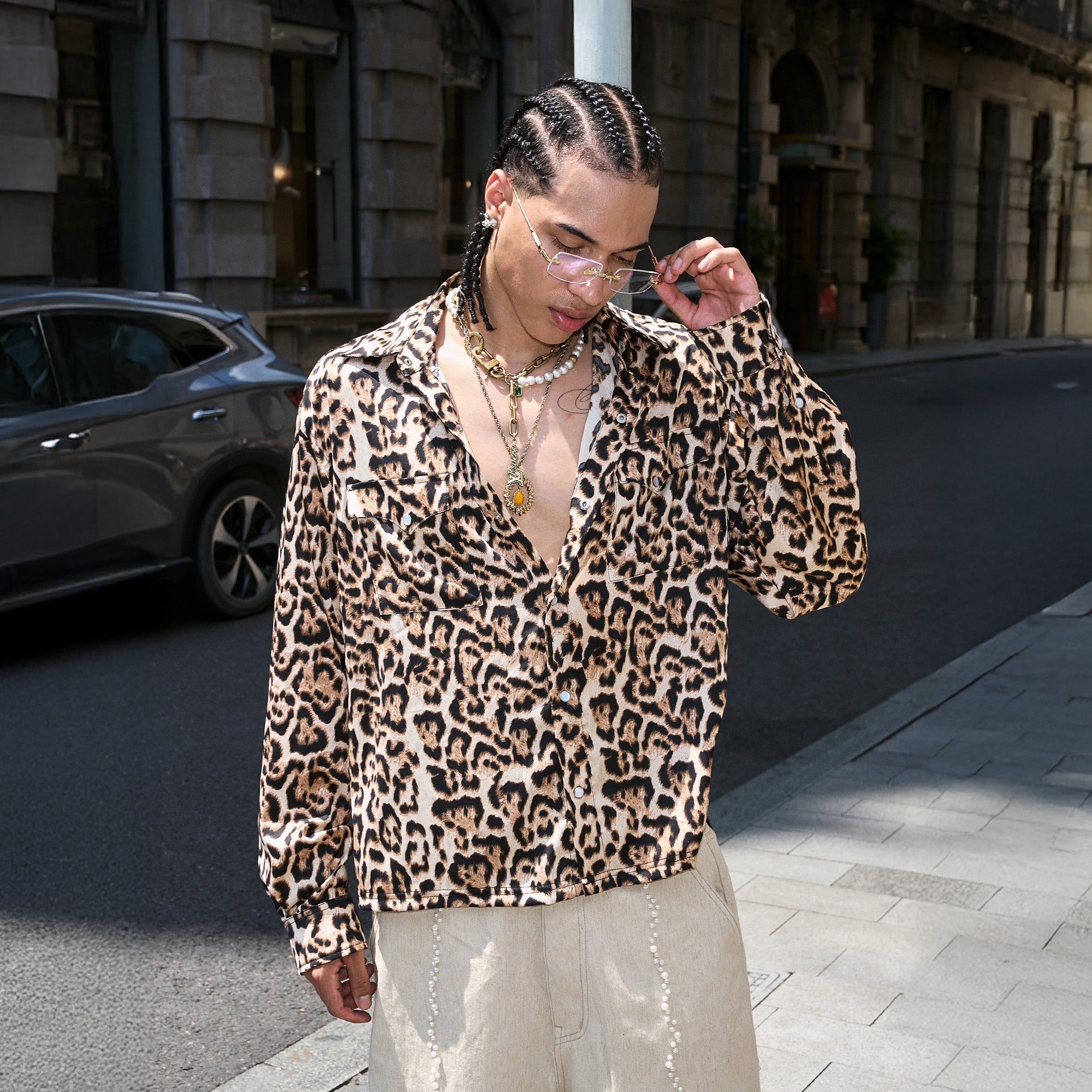 STEEPC Leopard Pearl Embellished Boxy Shirt, premium urban and streetwear designers apparel on PROJECTISR.com, STEEPC