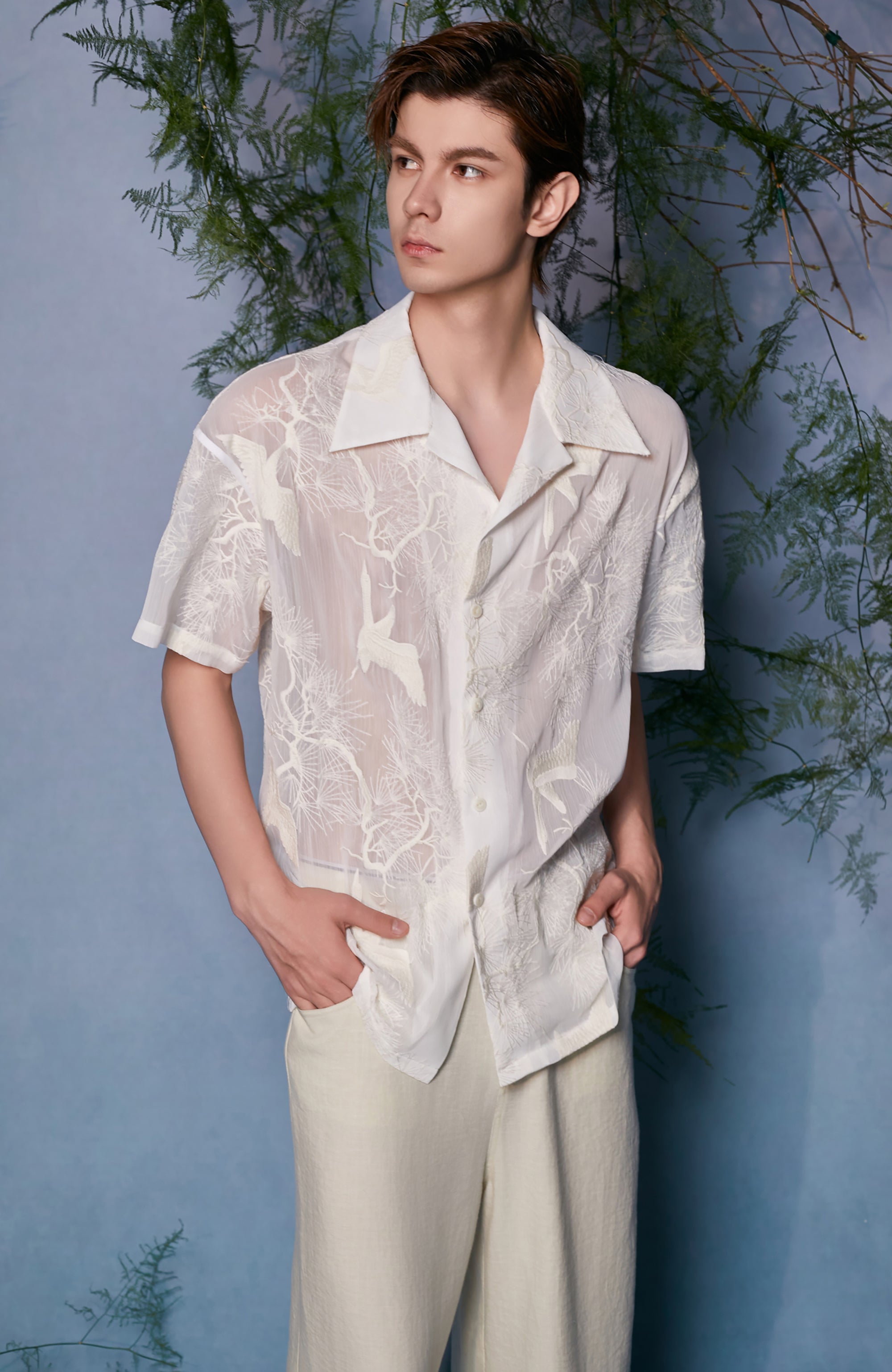 JIECHI Sheer Crane Embroidered Half Shirt, premium urban and streetwear designers apparel on PROJECTISR.com, JIECHI