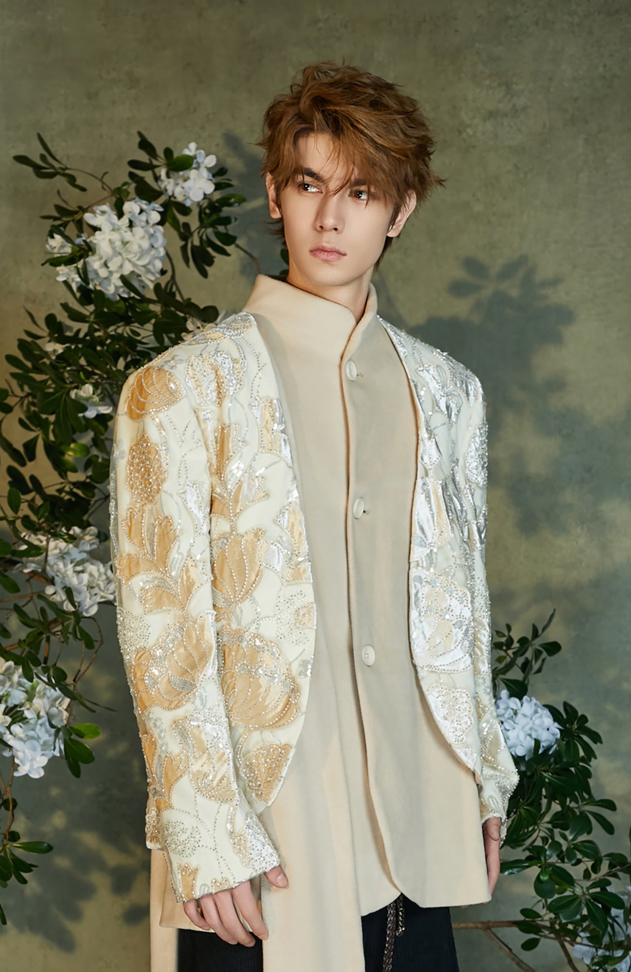 JIECHI Jacquard Embroidered Layered Mandarin Blazer