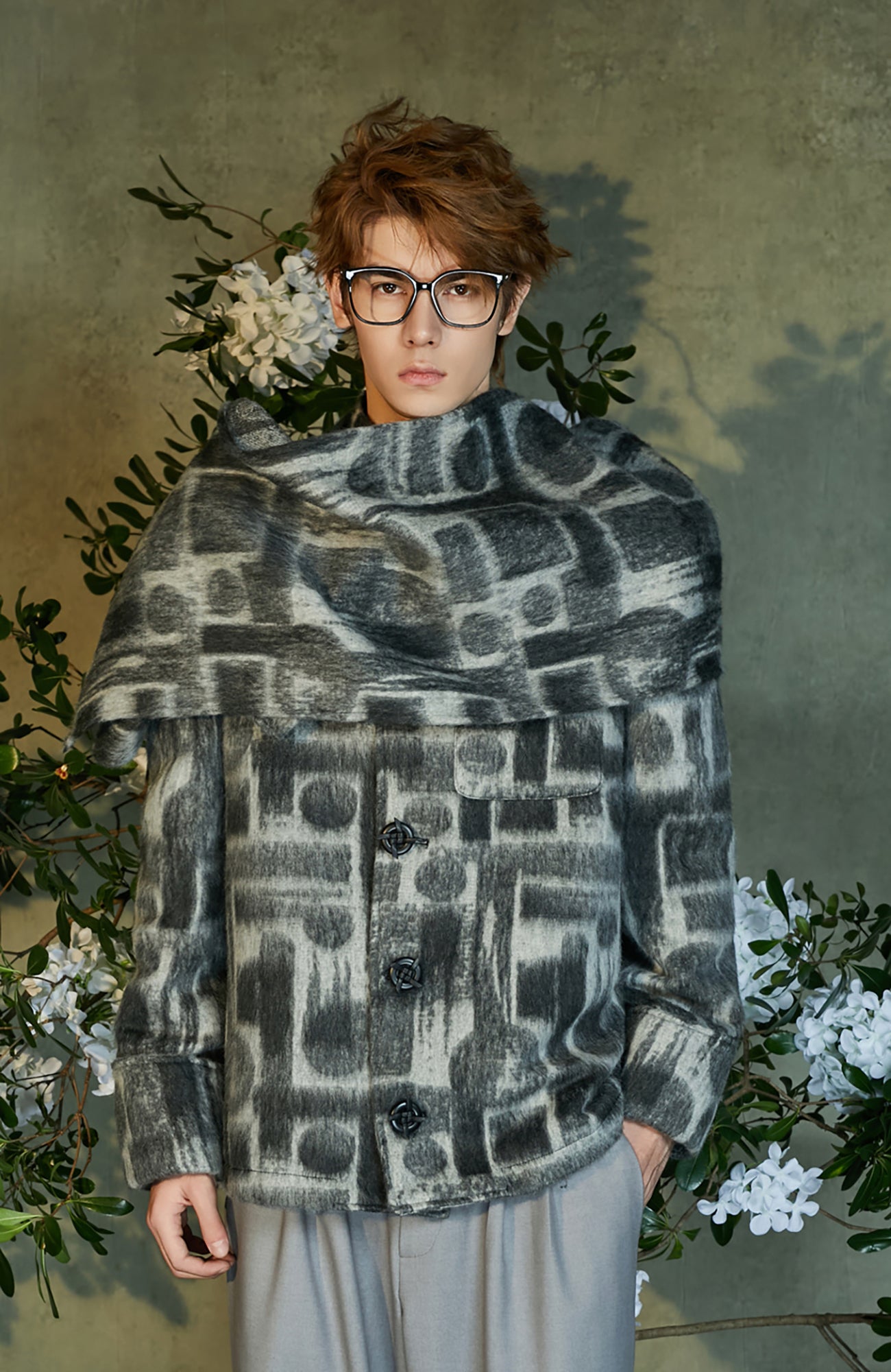 JIECHI Detachable Drape Geometry Full-Print Wool-Blend Jacket