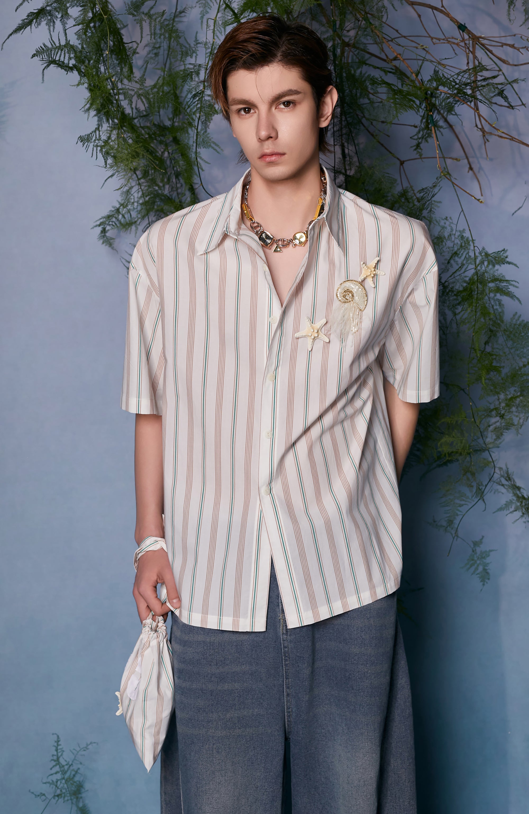 JIECHI Striped Embroidered Half Shirt, premium urban and streetwear designers apparel on PROJECTISR.com, JIECHI