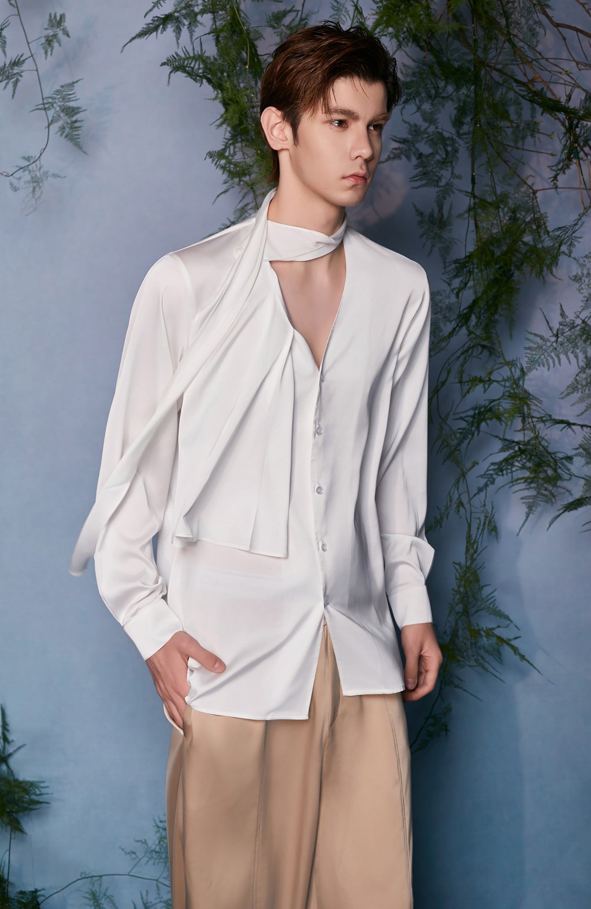JIECHI Draped Satin Scarf-Collar Shirt