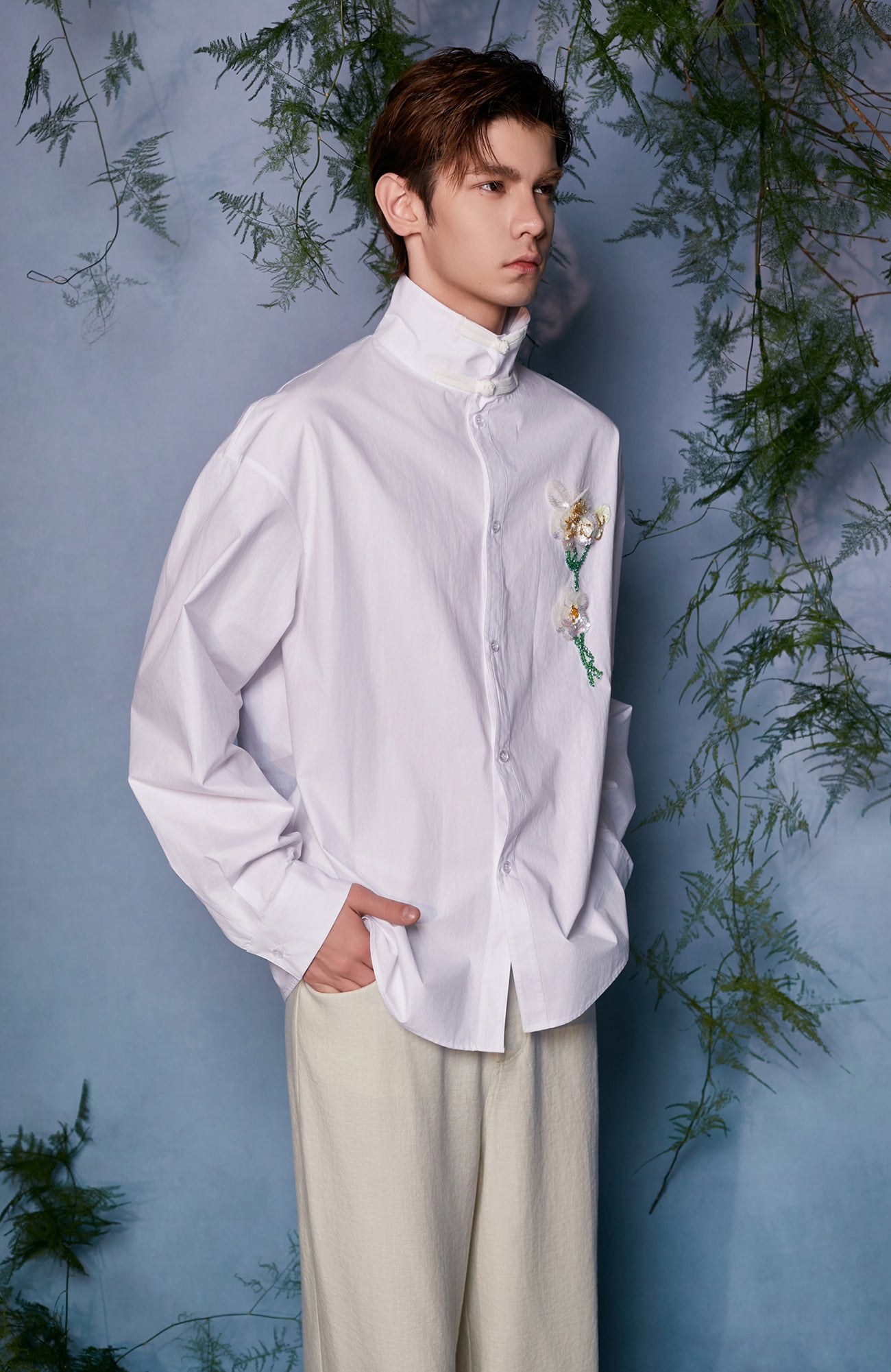 JIECHI Mandarin Collar Floral Embroidered Shirt, premium urban and streetwear designers apparel on PROJECTISR.com, JIECHI