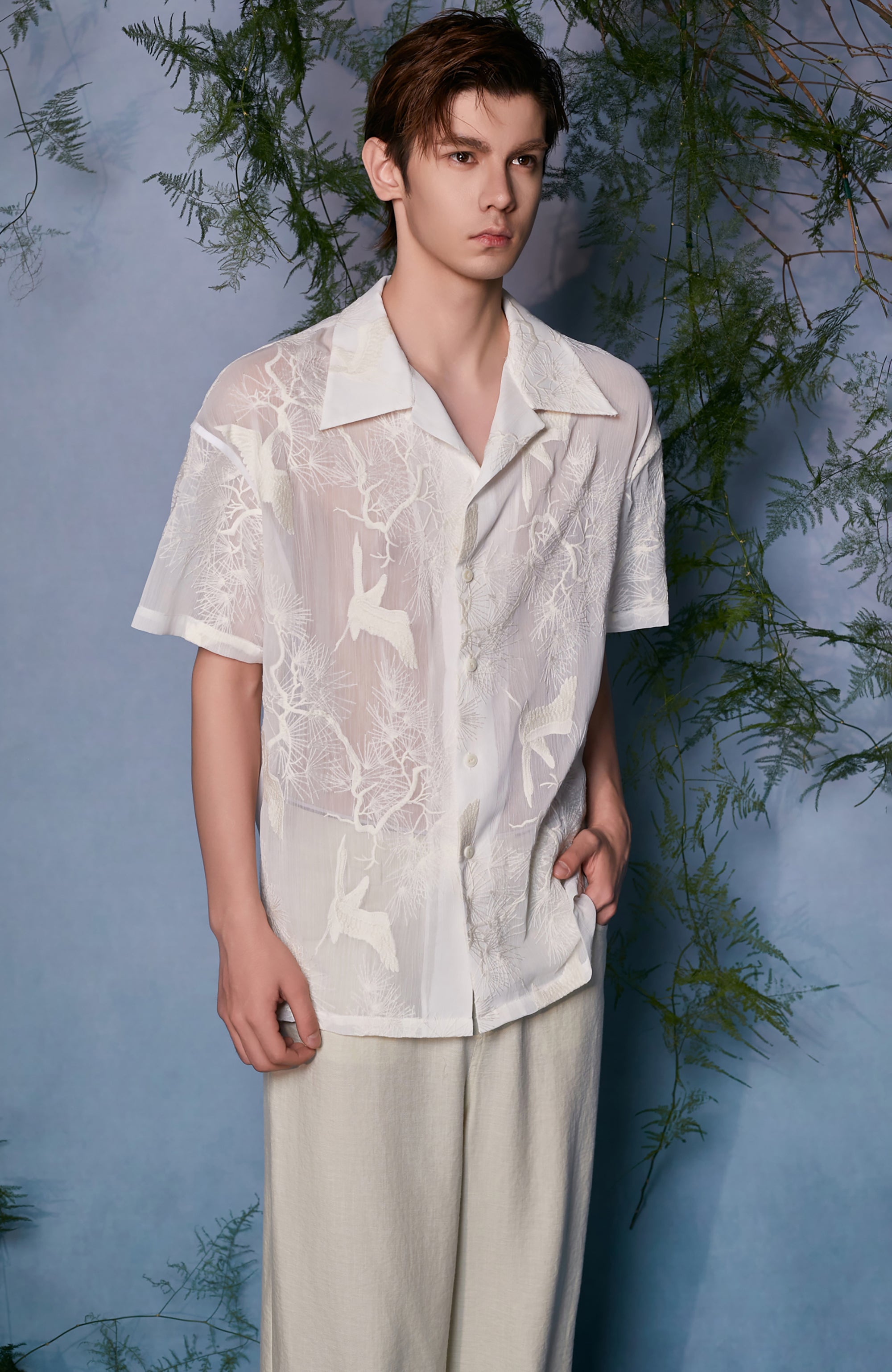 JIECHI Sheer Crane Embroidered Half Shirt, premium urban and streetwear designers apparel on PROJECTISR.com, JIECHI