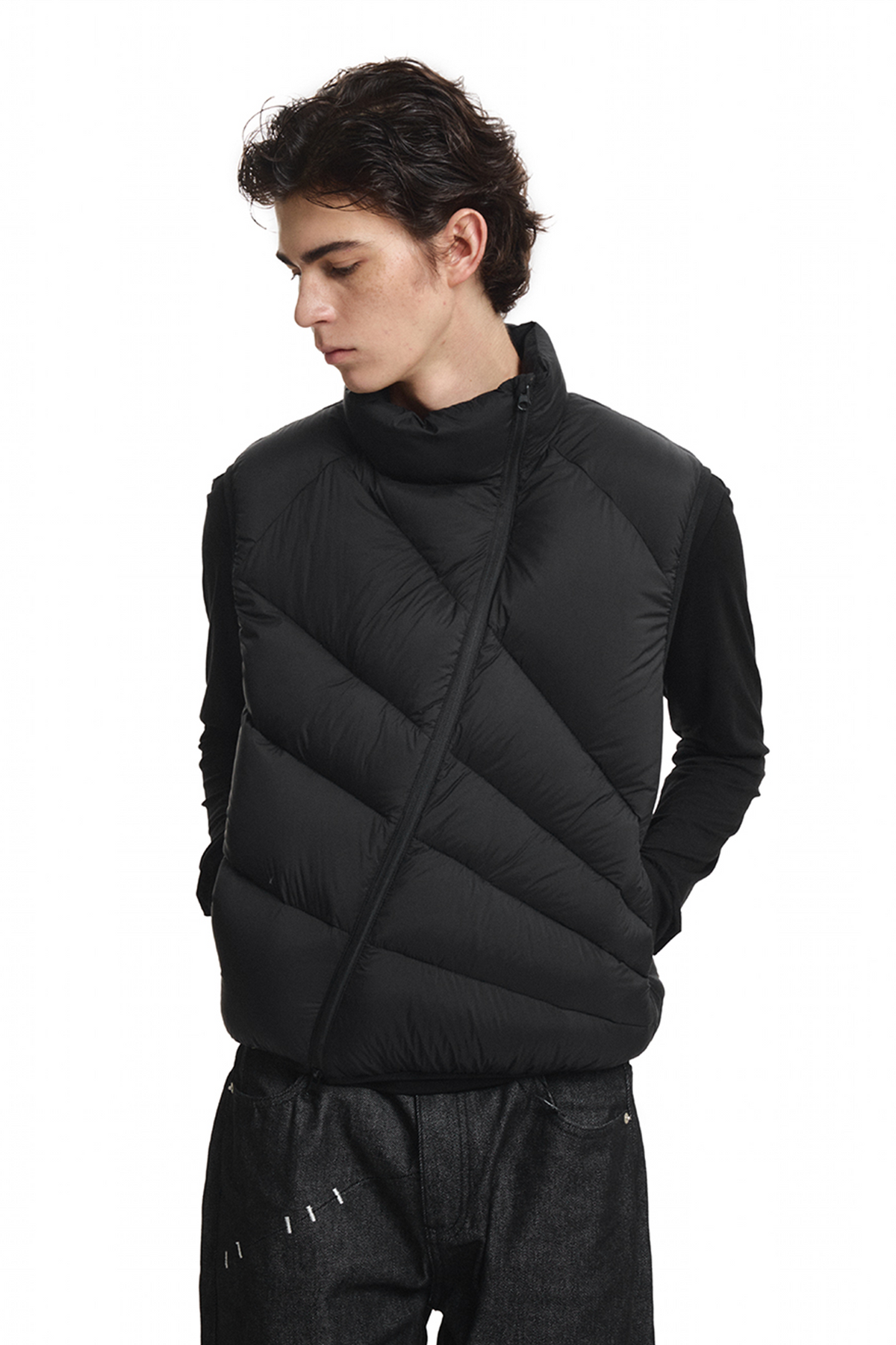 KREATE Asymmetrical Duck Down Ribbed Zip Vest