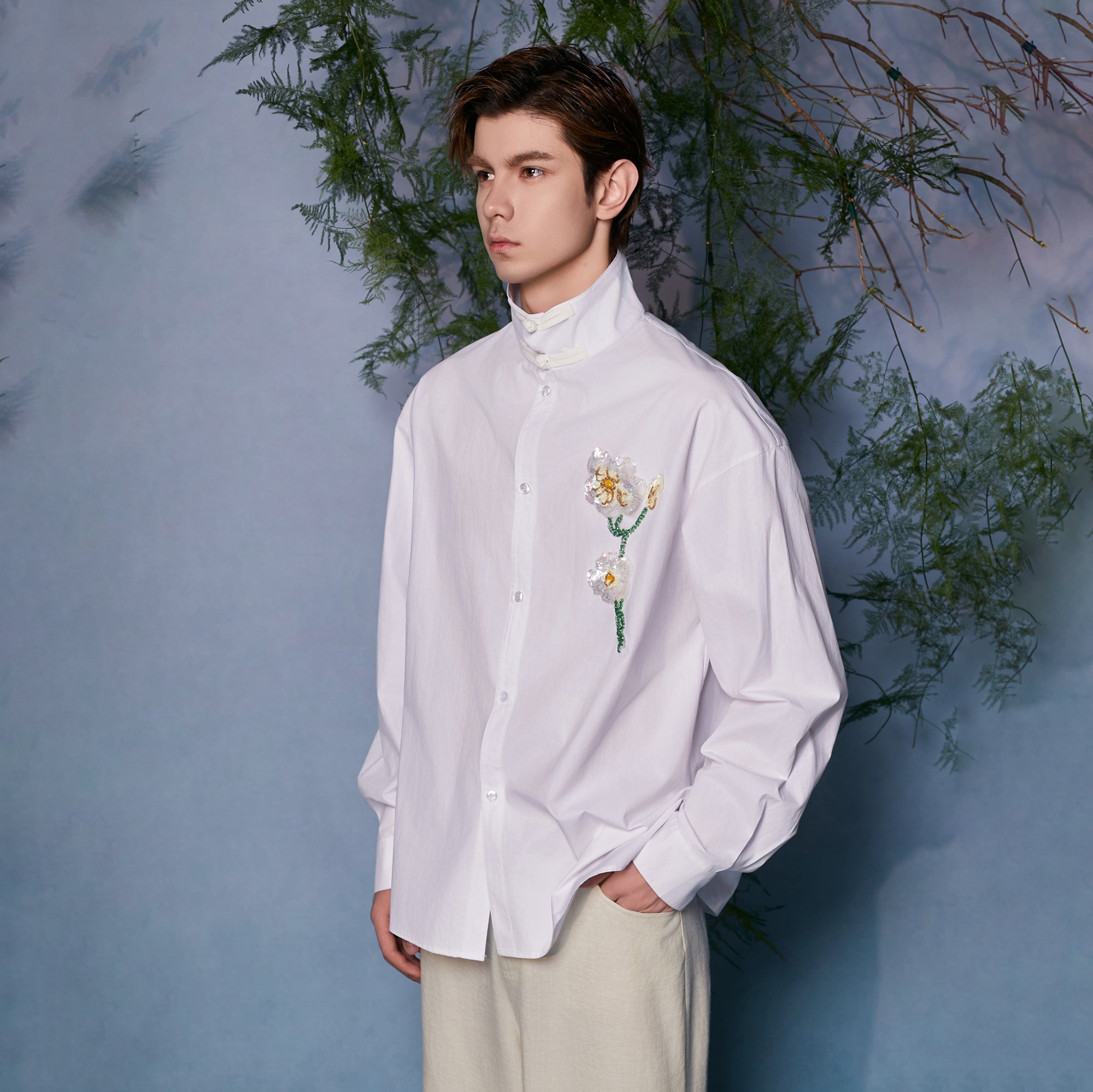 JIECHI Mandarin Collar Floral Embroidered Shirt, premium urban and streetwear designers apparel on PROJECTISR.com, JIECHI