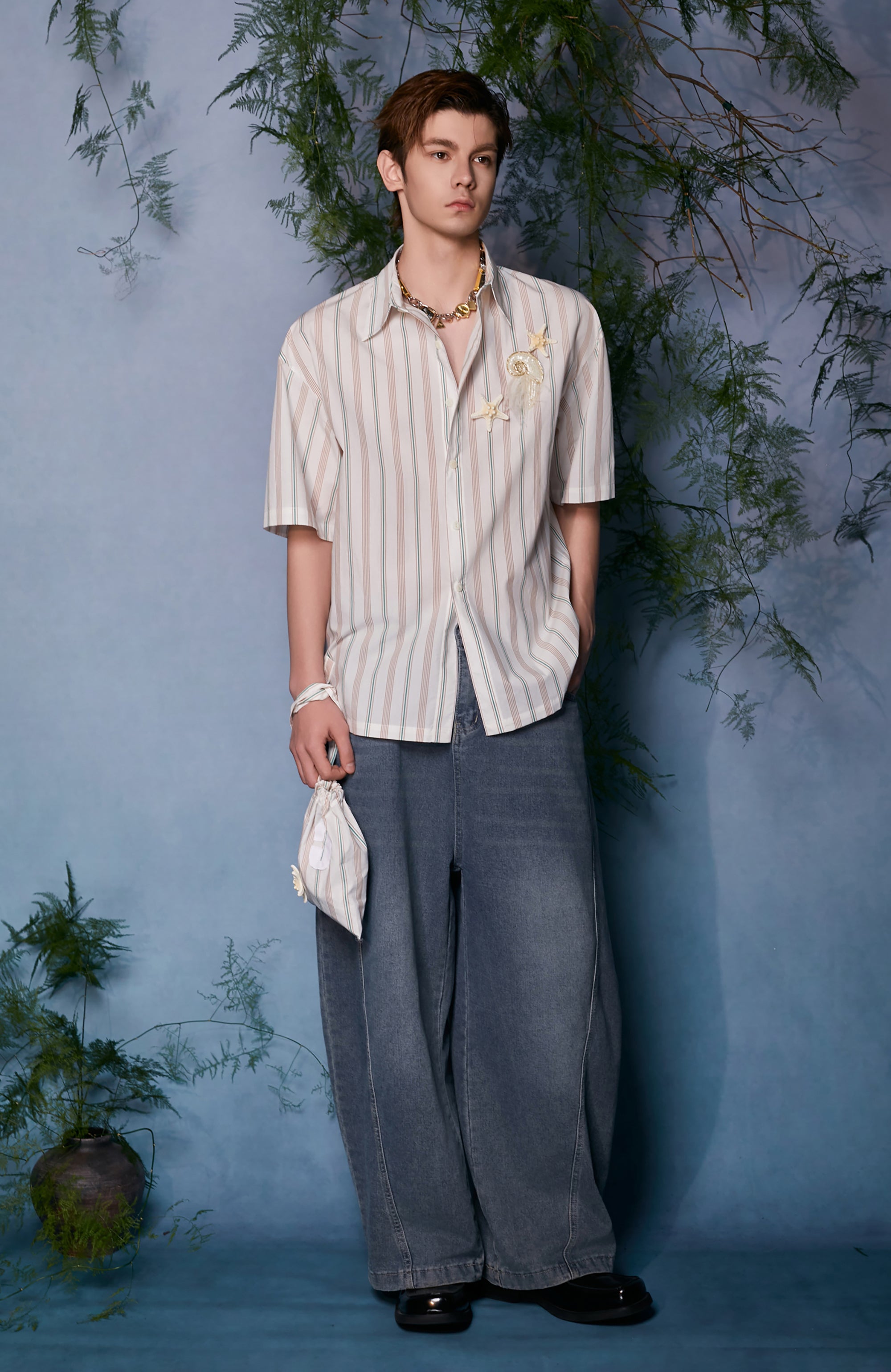 JIECHI Striped Embroidered Half Shirt, premium urban and streetwear designers apparel on PROJECTISR.com, JIECHI