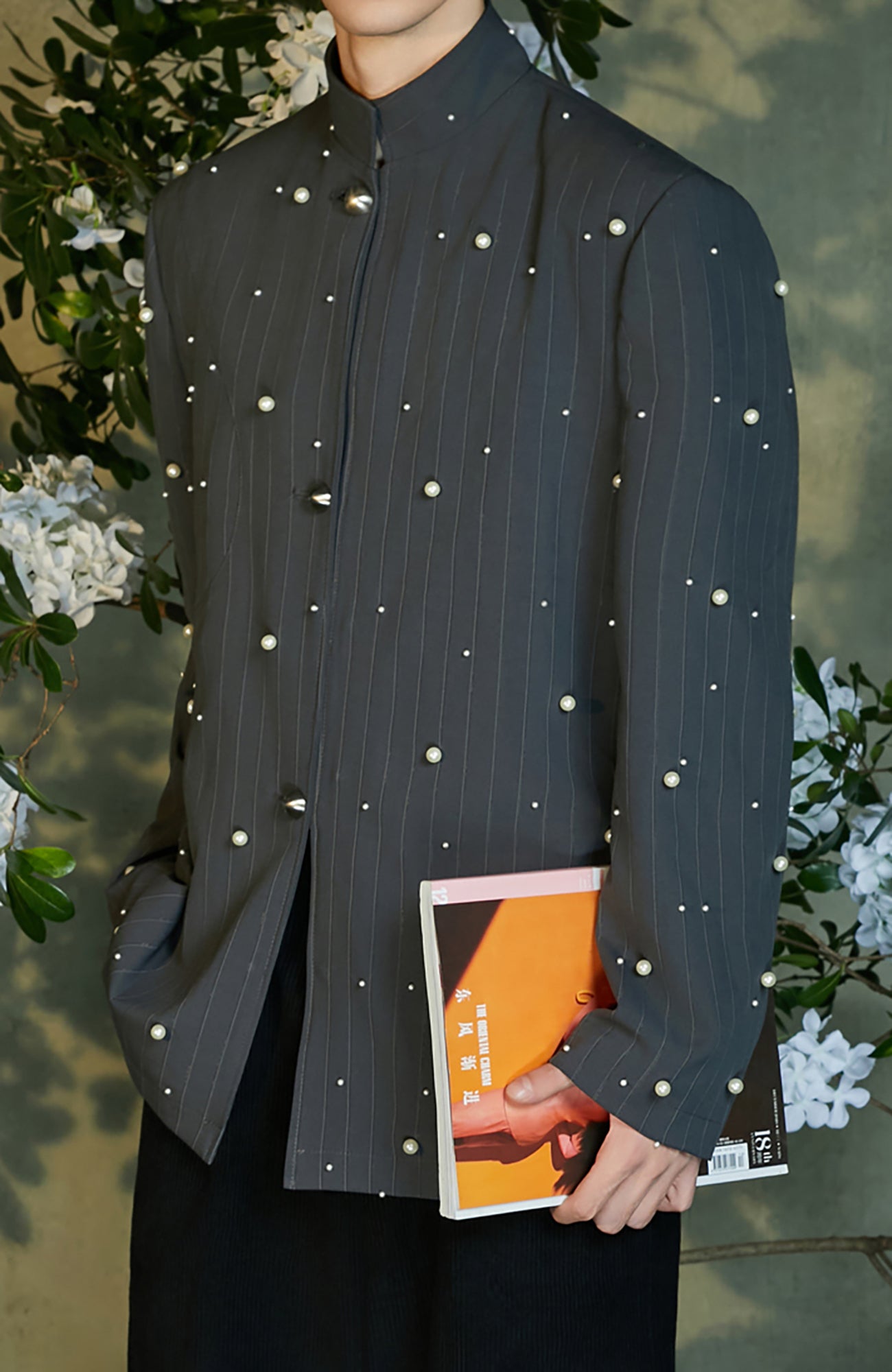 JIECHI Pearl Embellished Stripe Mandarin Shirt