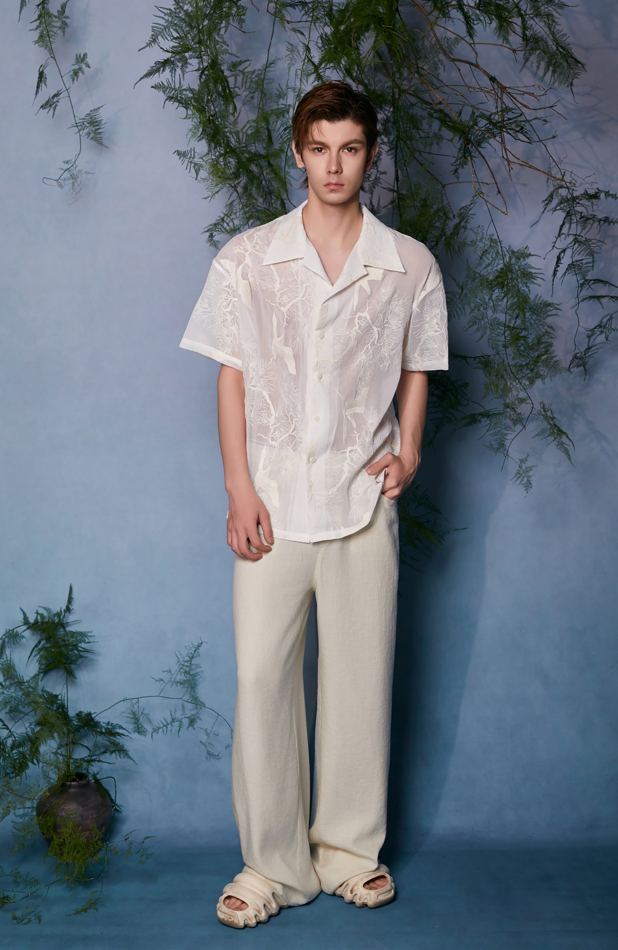 JIECHI Sheer Crane Embroidered Half Shirt JIECHI Sheer Crane Embroidered Half Shirt