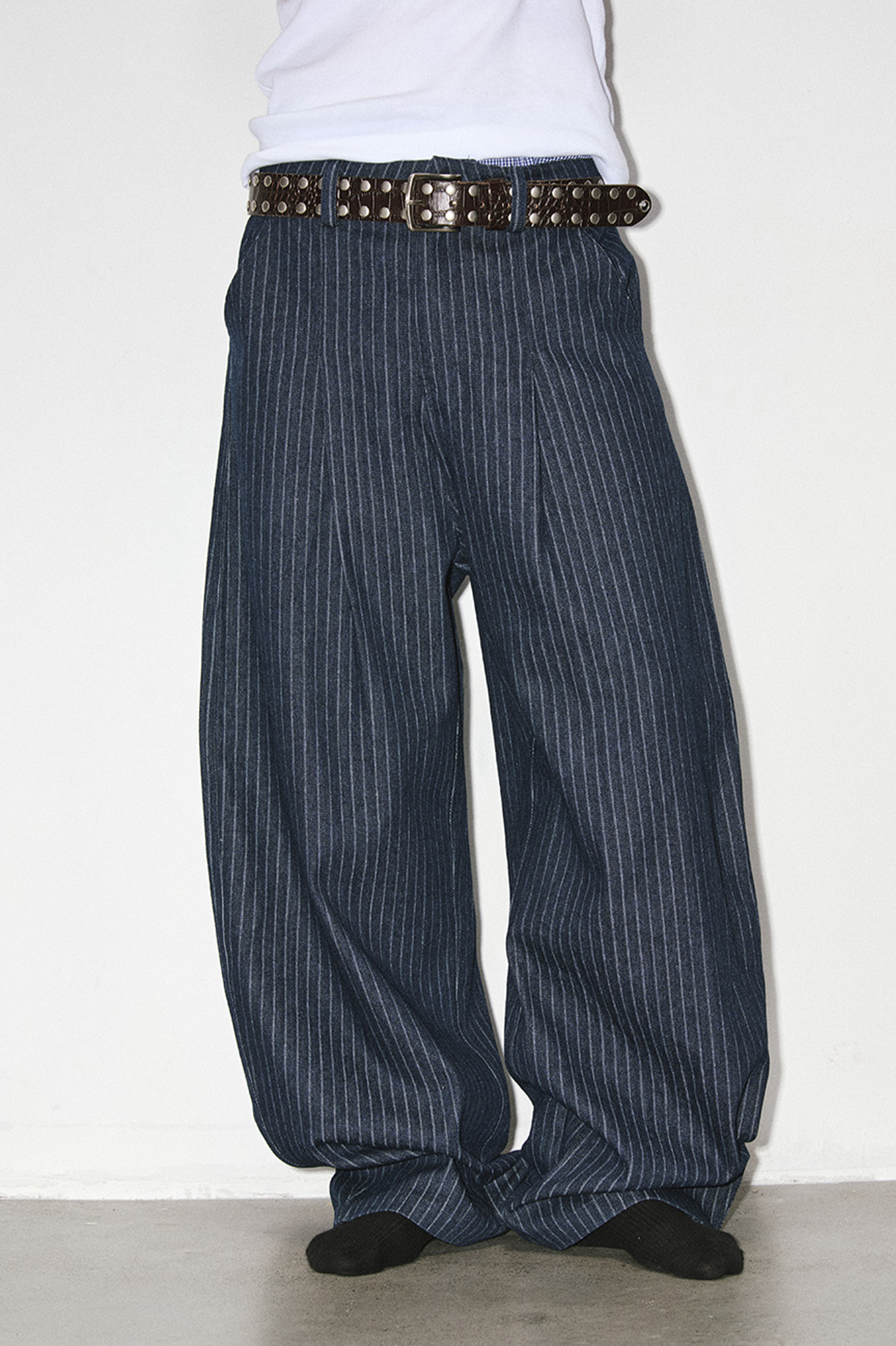 NOVACAM Retro Pinstripe Curved Denim Trousers