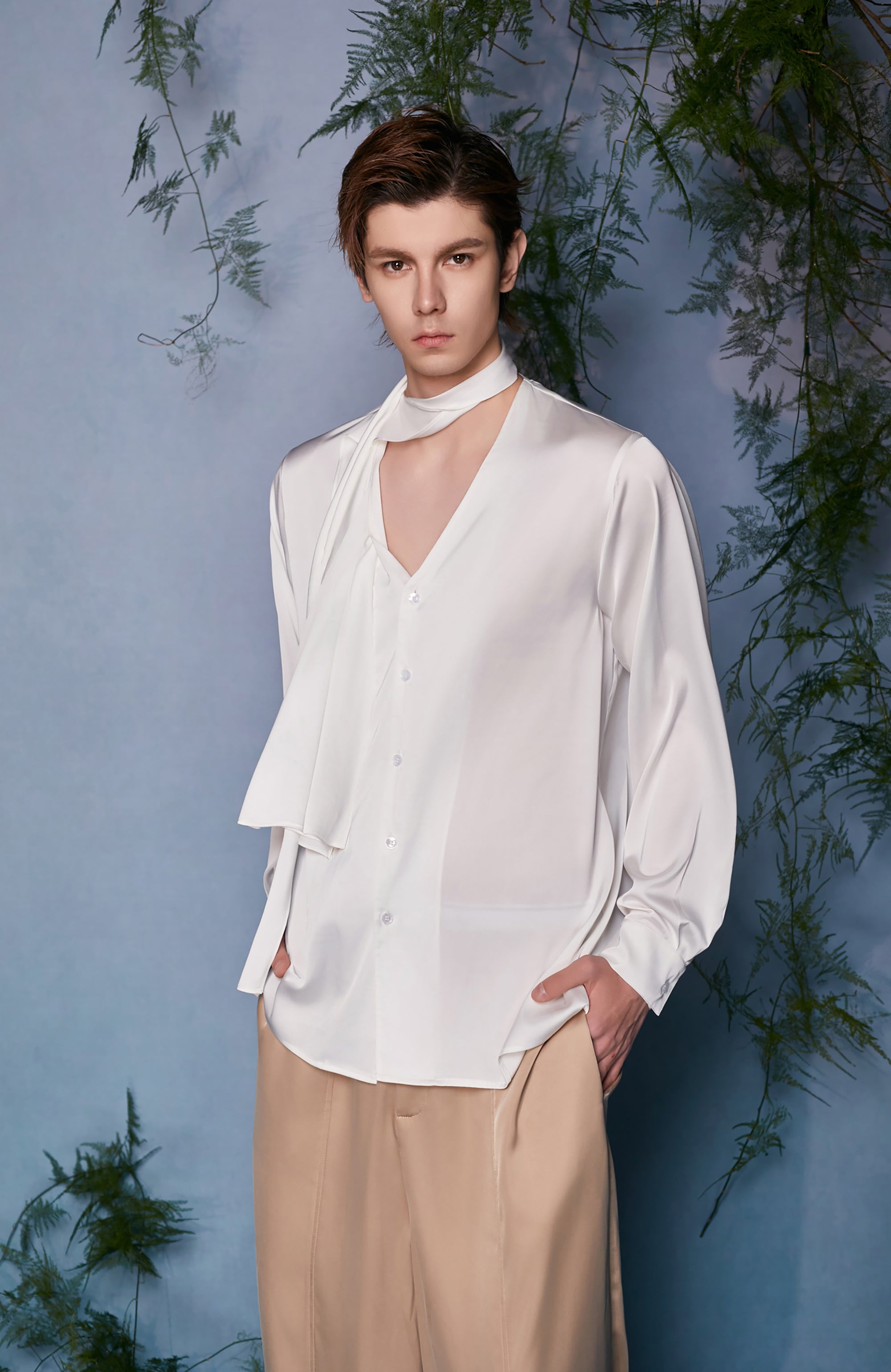 JIECHI Draped Satin Scarf-Collar Shirt, premium urban and streetwear designers apparel on PROJECTISR.com, JIECHI