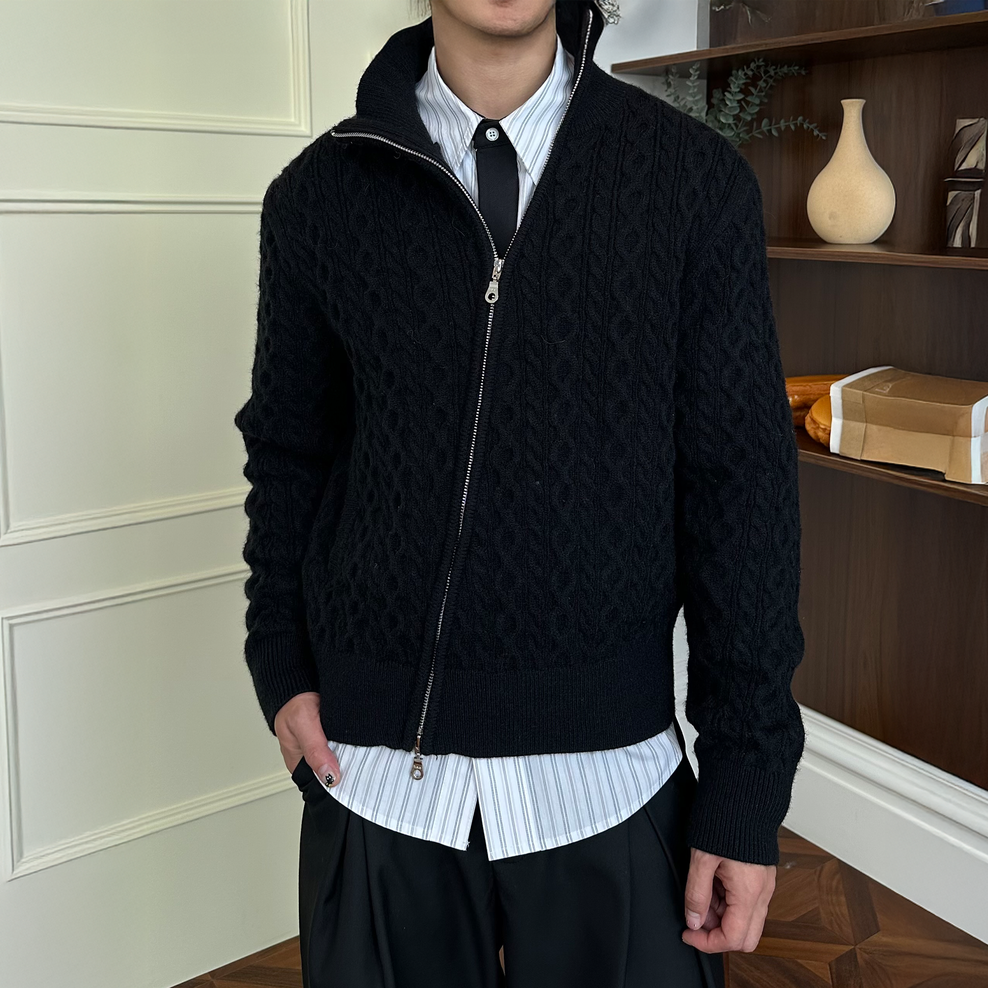 KREATE Asymmetrical Zip Cable-Knit Sweater