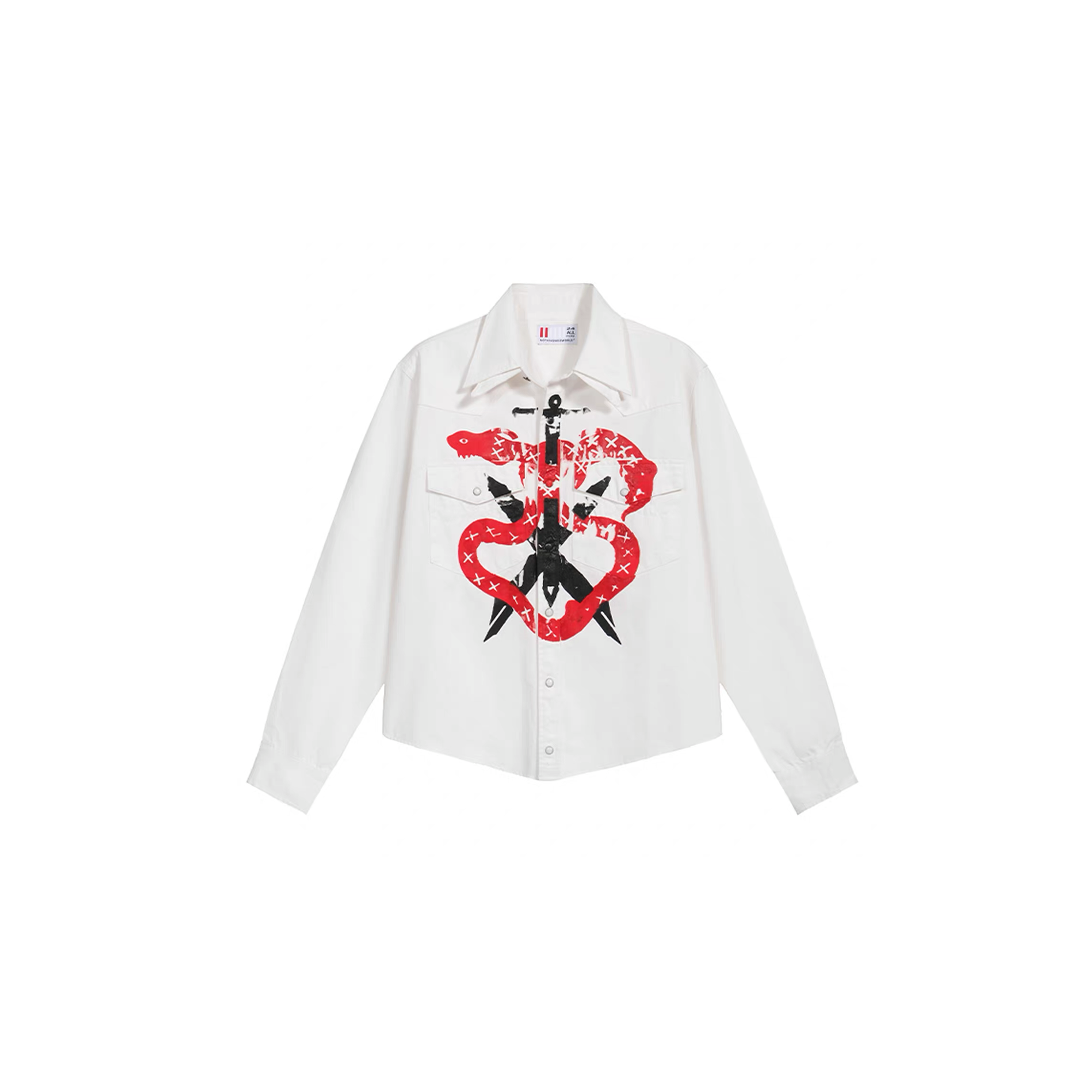 NOTHINGNESS WORLD Snake Graphic Layered-Collar Denim Shirt, premium urban and streetwear designers apparel on PROJECTISR.com, NOTHINGNESS WORLD