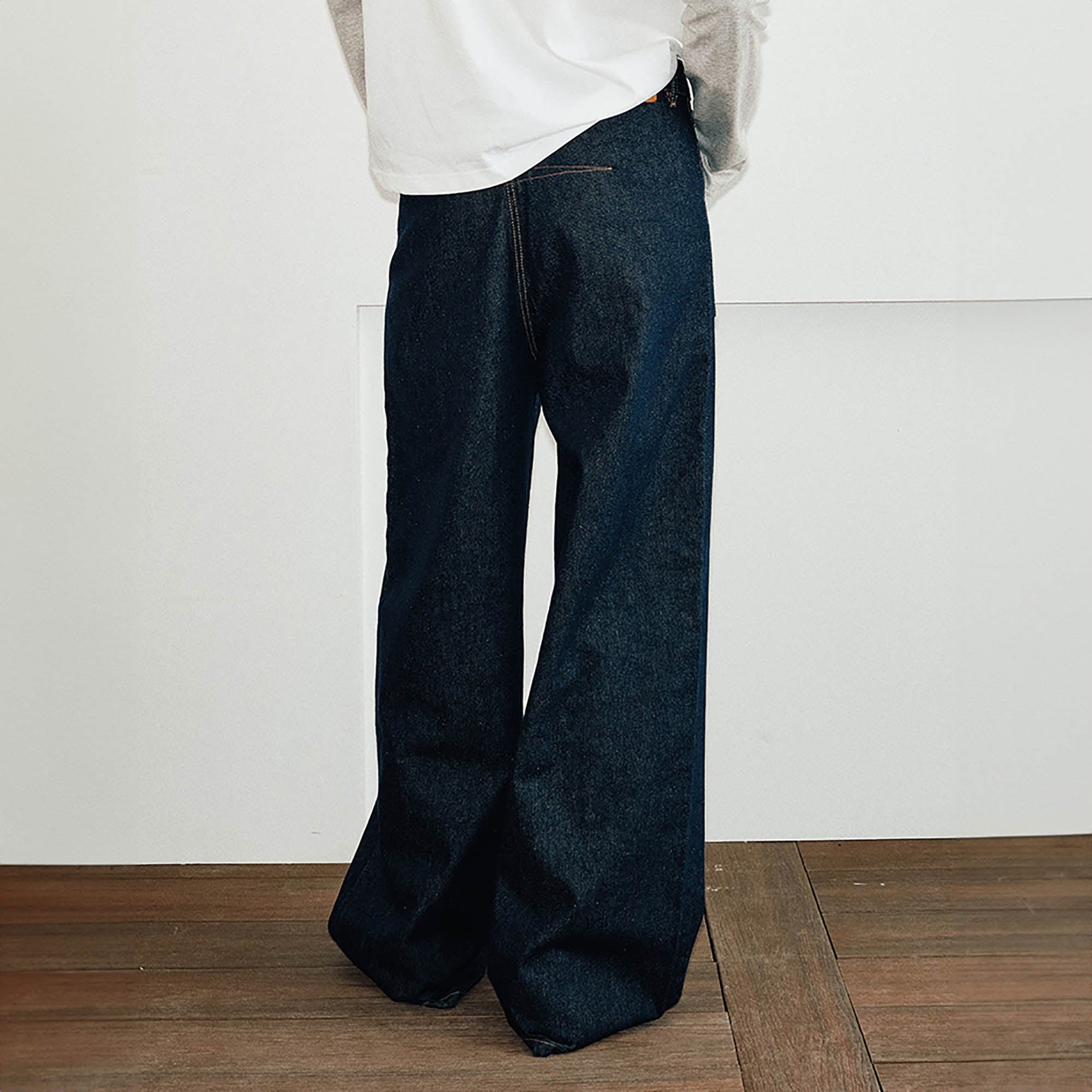 KREATE Reversed Fold-Over Wide-Leg Jeans, premium urban and streetwear designers apparel on PROJECTISR.com, KREATE