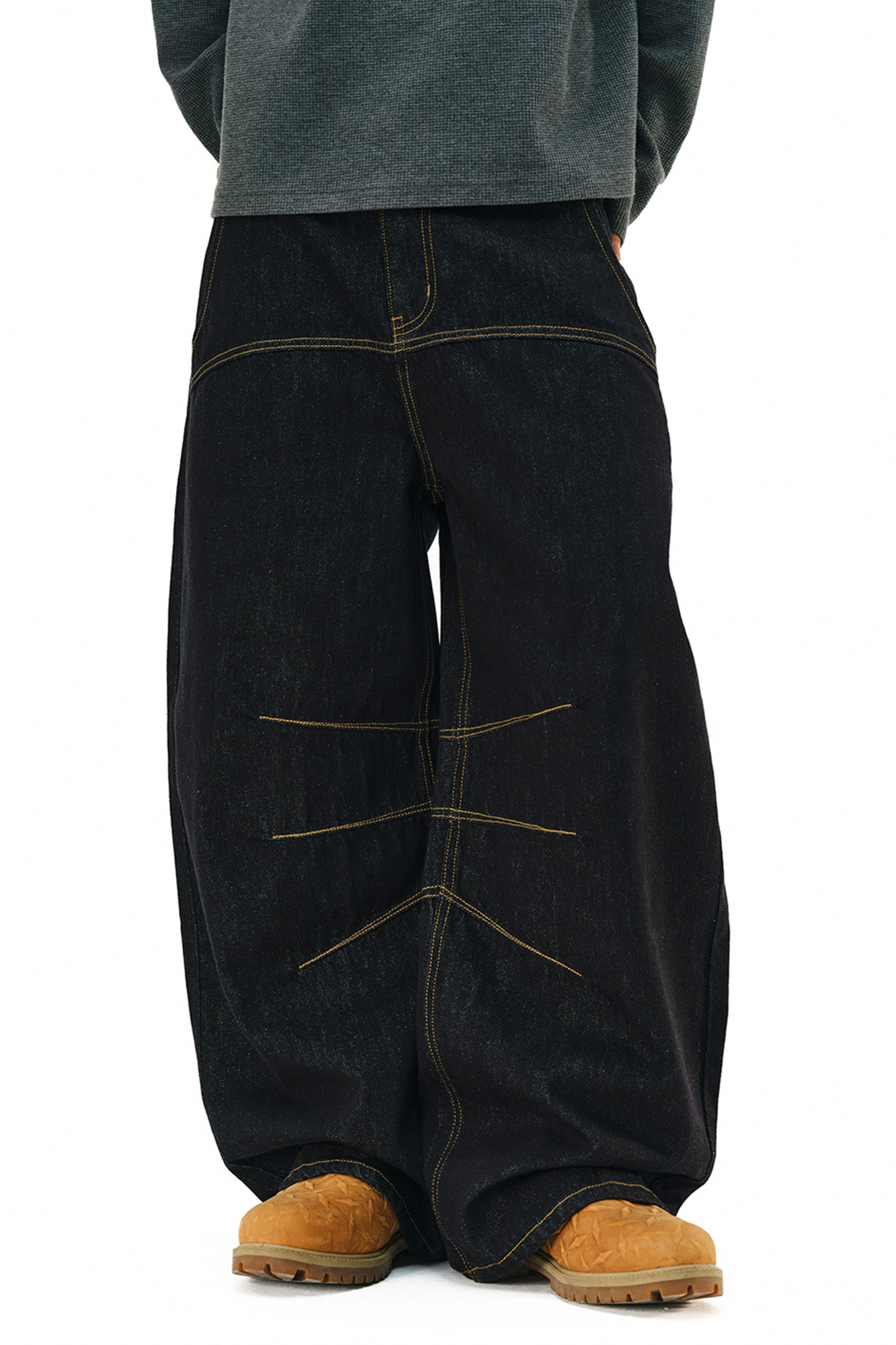 NOVACAM Raw Slub Denim Curved Wide-Leg Jeans