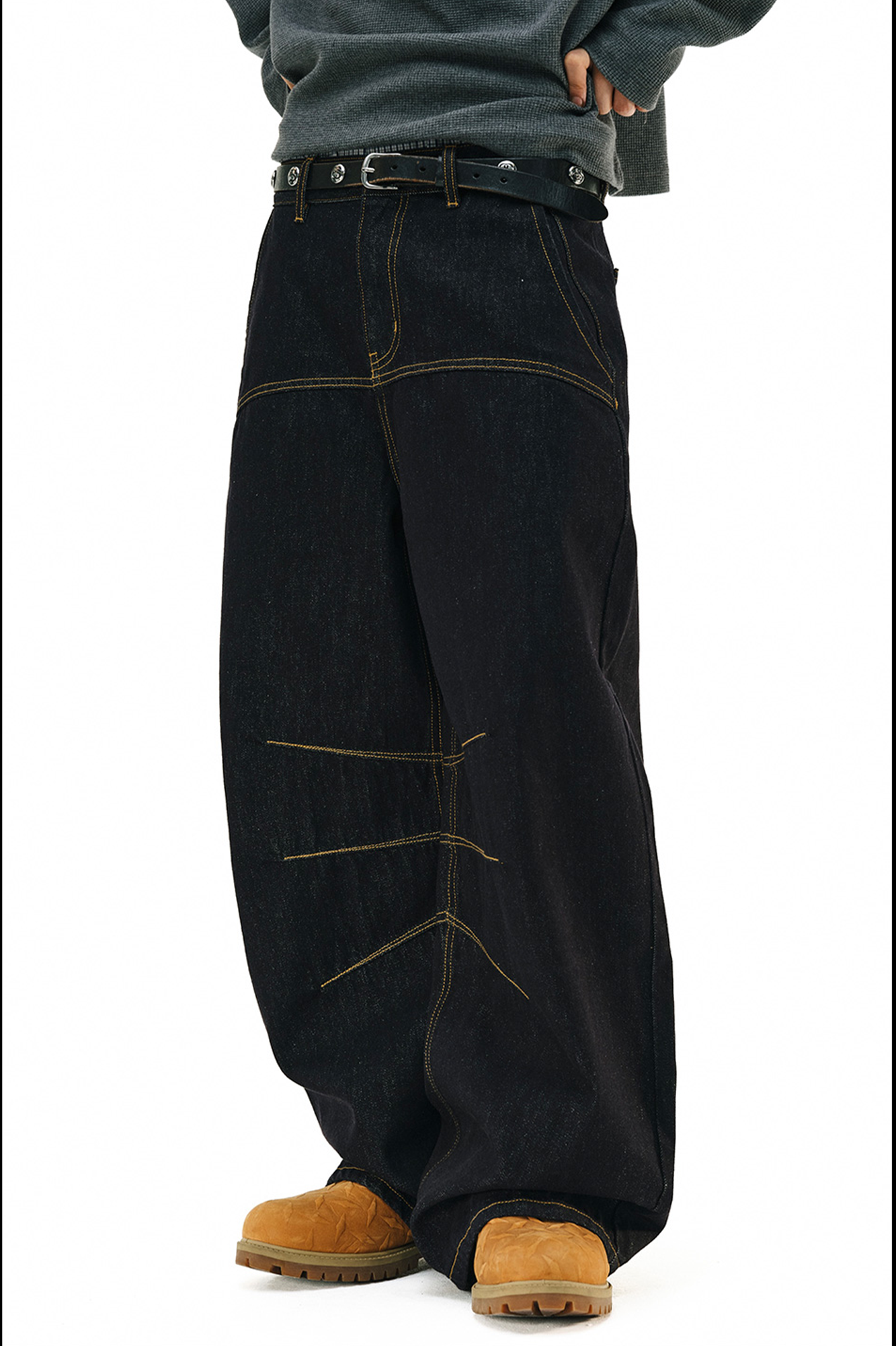 NOVACAM Raw Slub Denim Curved Wide-Leg Jeans
