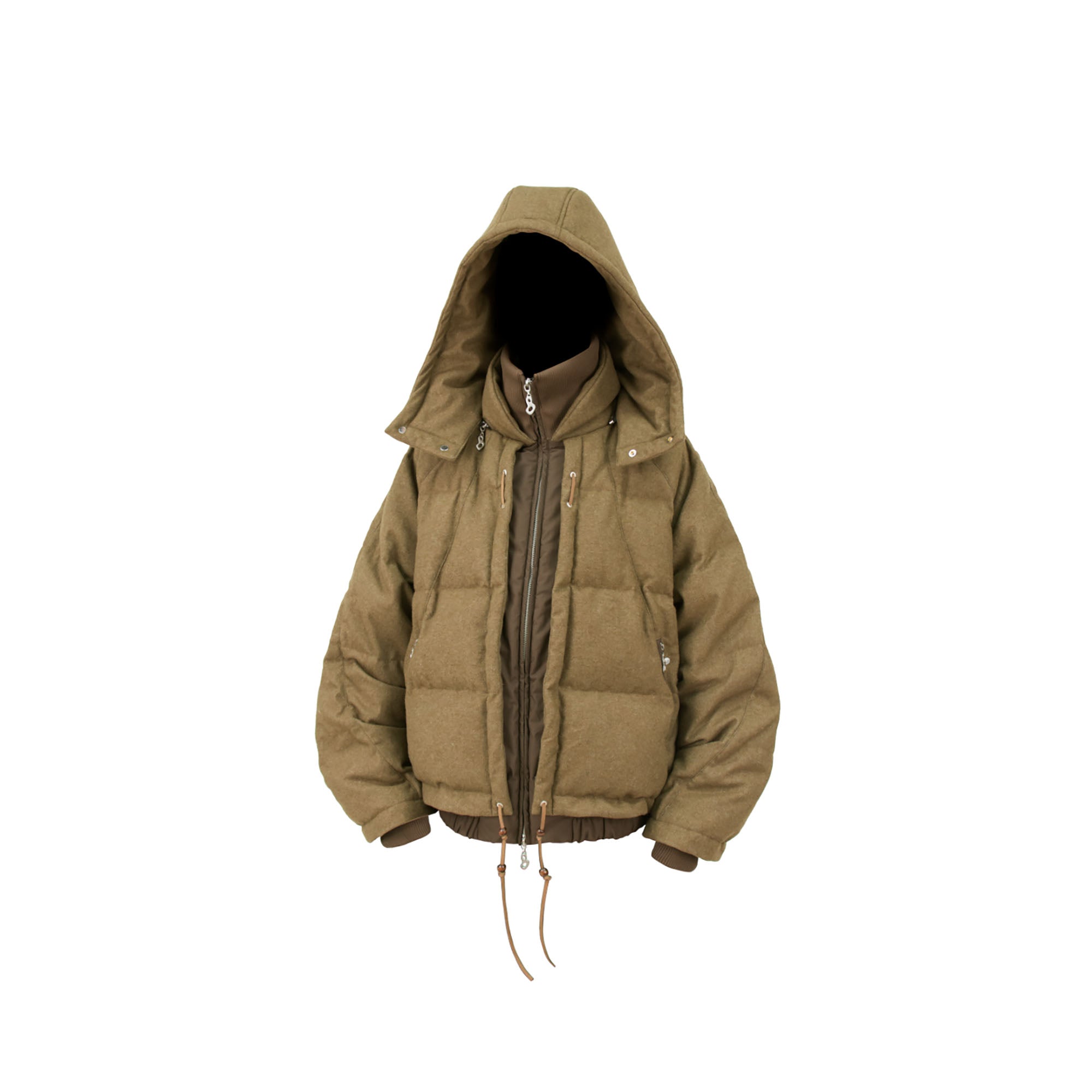 RELABEL Layered Detachable Hood Wool-Blend Puffer Jacket Brown