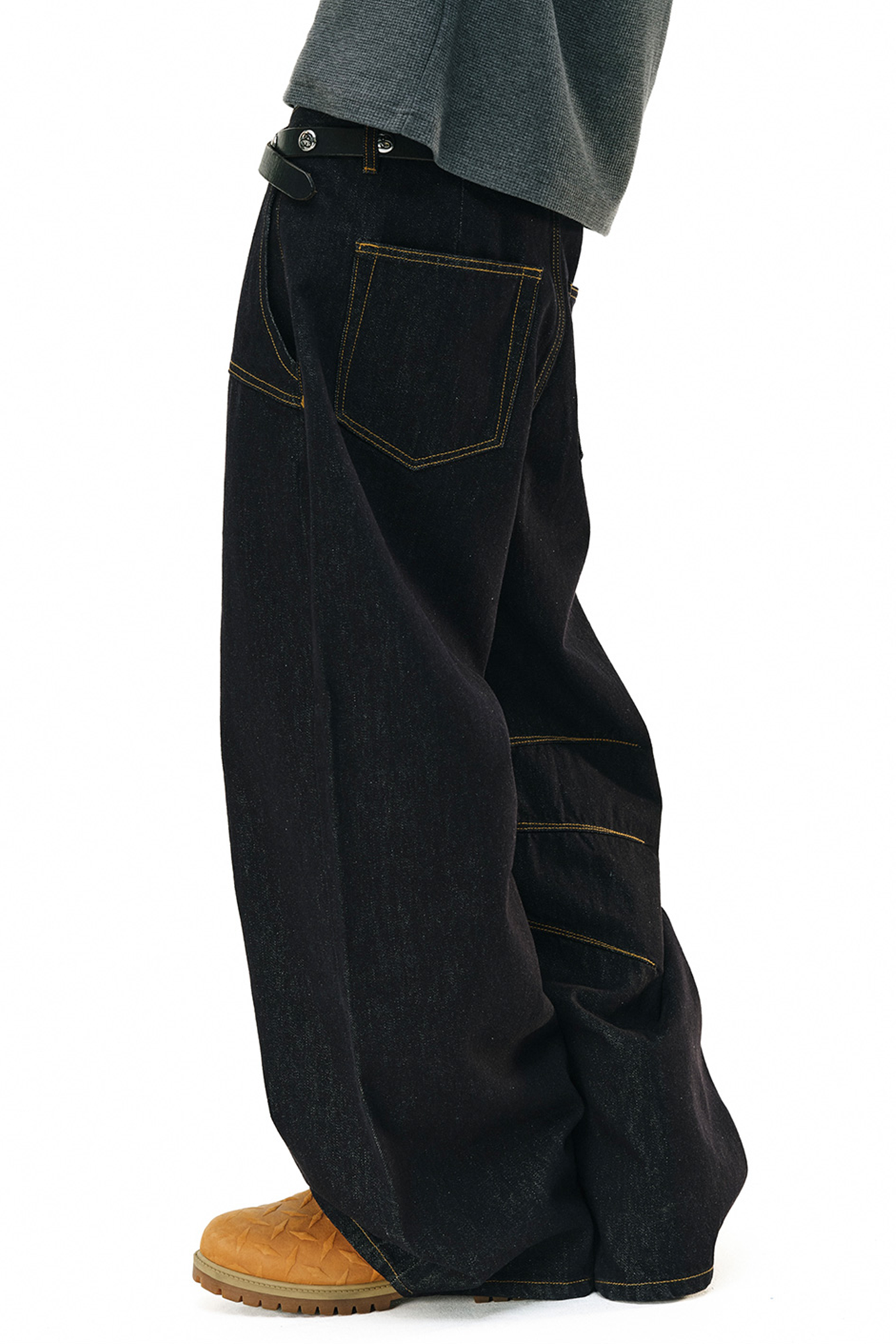 NOVACAM Raw Slub Denim Curved Wide-Leg Jeans