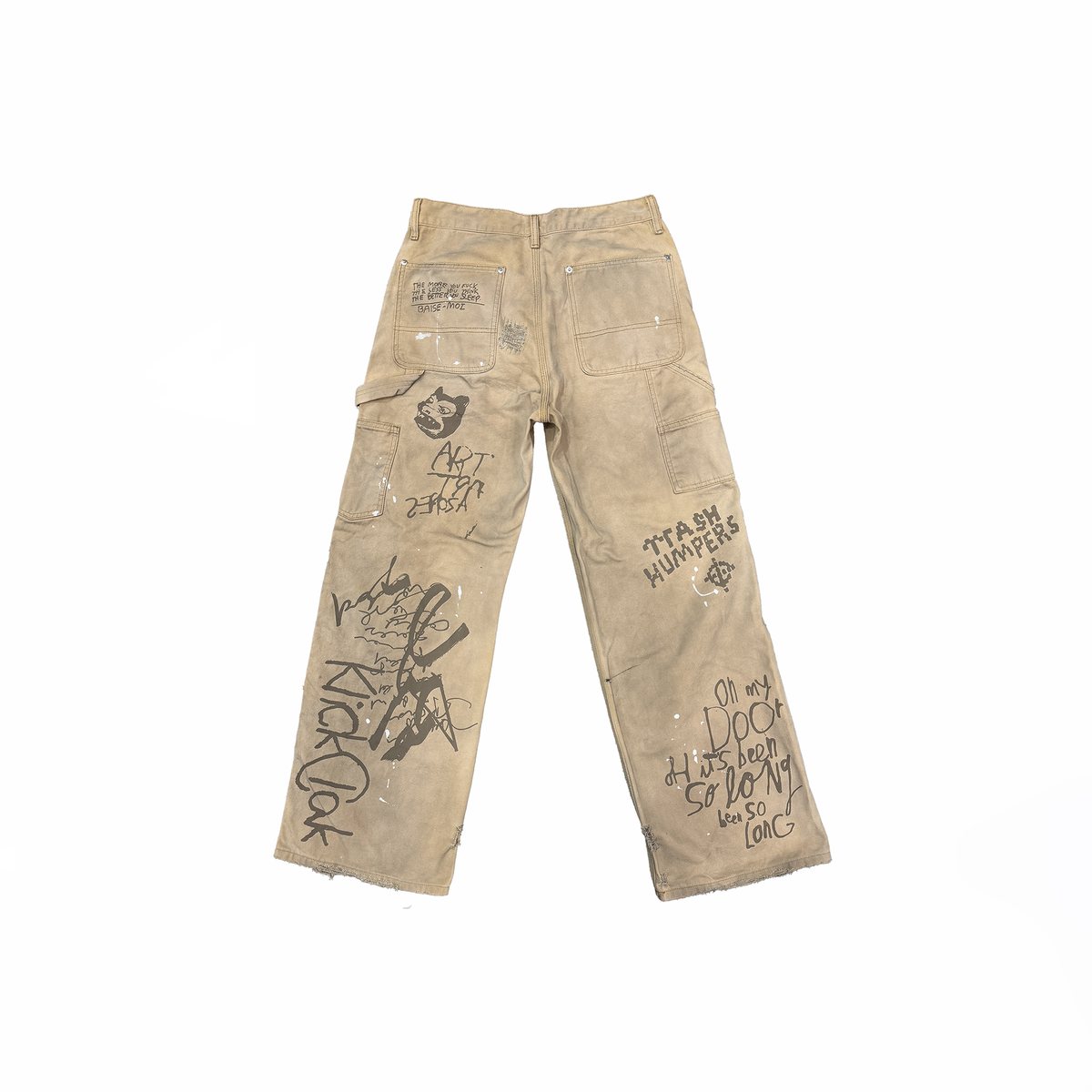 KLICK CLAK Washed Distressed Graffiti Raw Wood Jeans