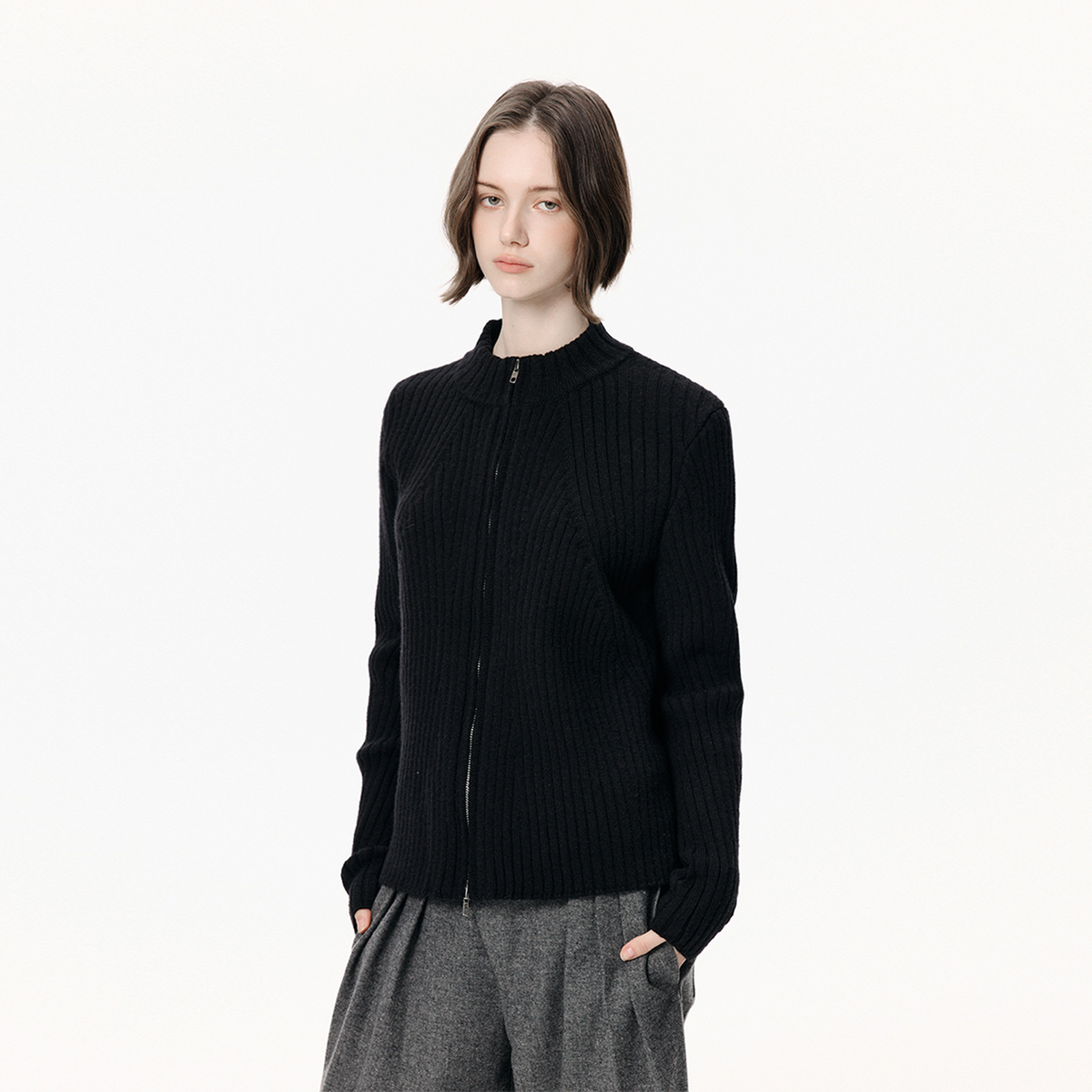 KREATE Ribbed Mock-Neck Double-Zip Cardigan Sweater