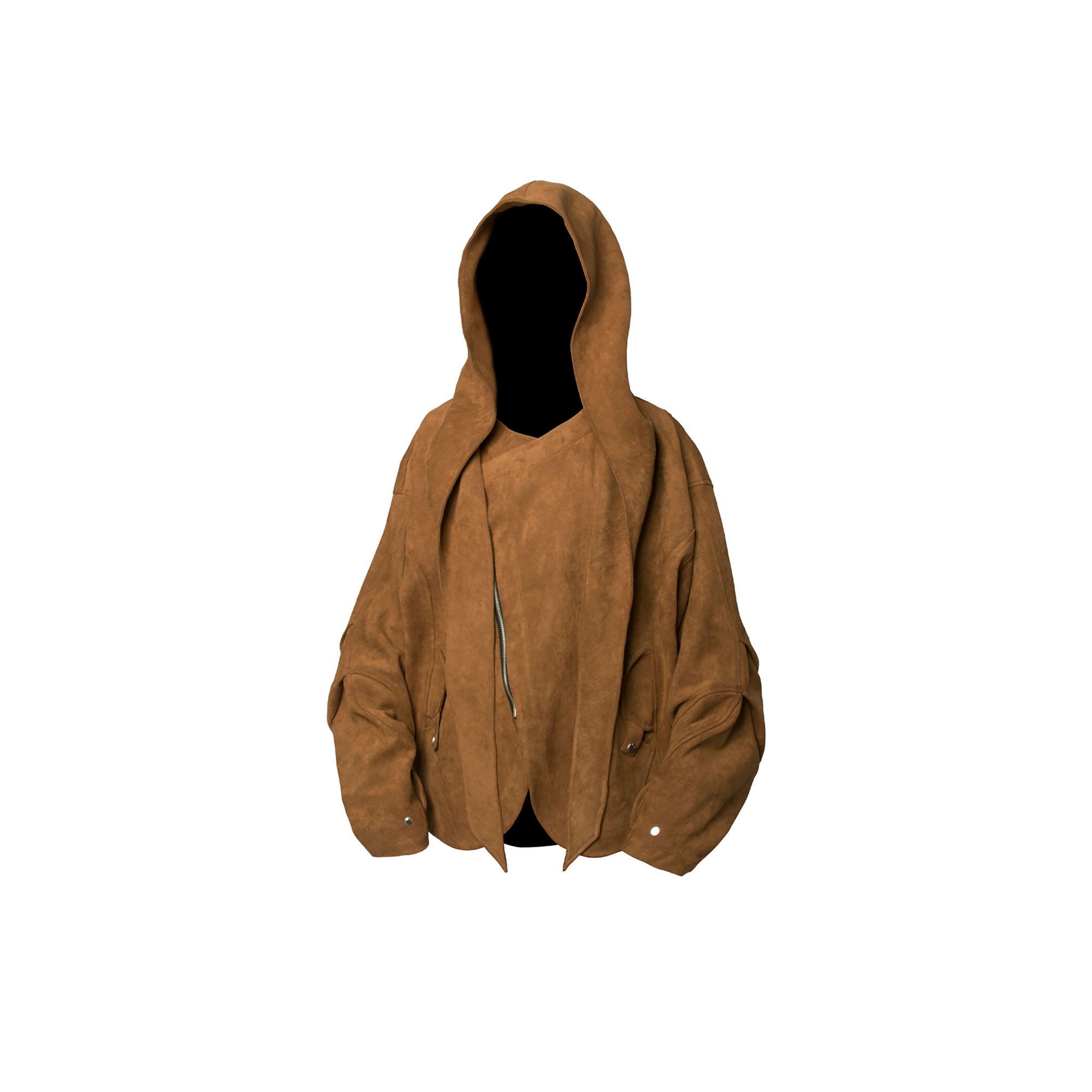 RELABEL Asymmetrical-Zip Detachable-Hood Suede Jacket Brown